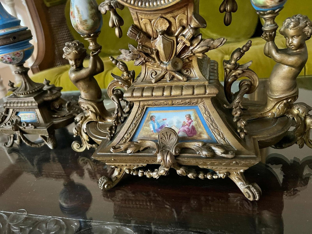 Antique French Sevres Style Clock Set Bronze Blue Porcelain Candelabra Mantel Decor Elegant Rococo Design Home Accent Collectible Piece