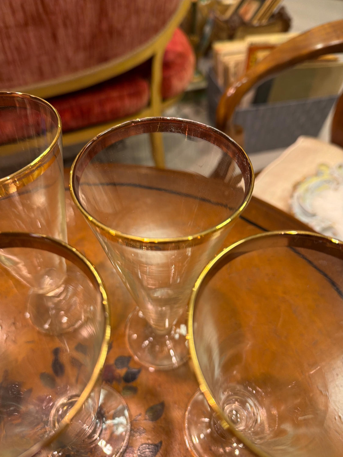Vintage Gold Rim Champagne Flutes Set of 6 Clear Glass Tapered Mid Century Elegant Barware