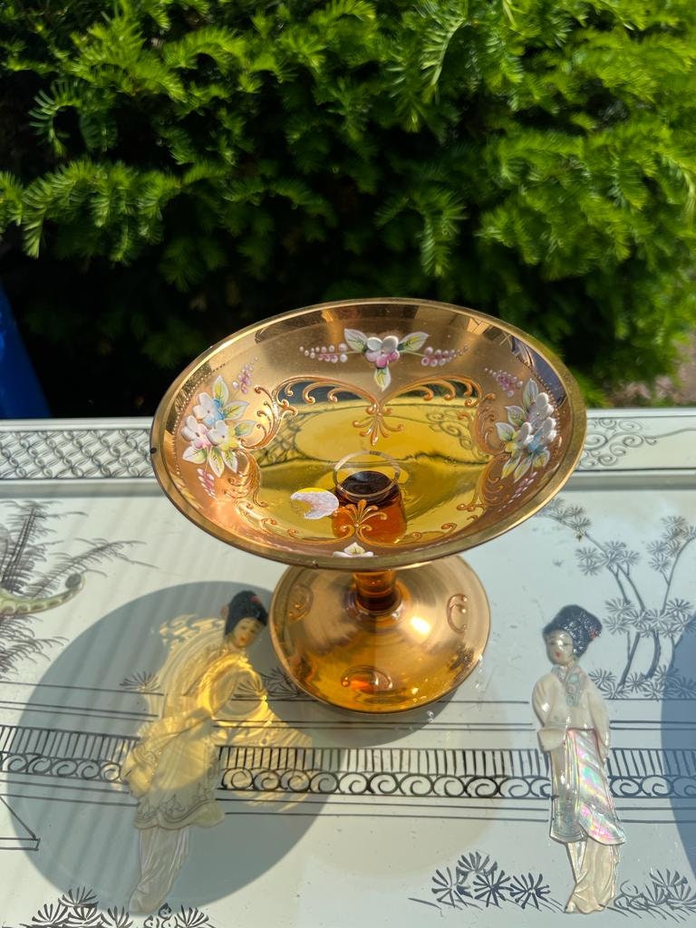 Bohemian Amber Glass Compote Dish Hand Painted Floral Enamel Pedestal Bowl Vintage Art Home Decoration Elegant Tableware Collector Display