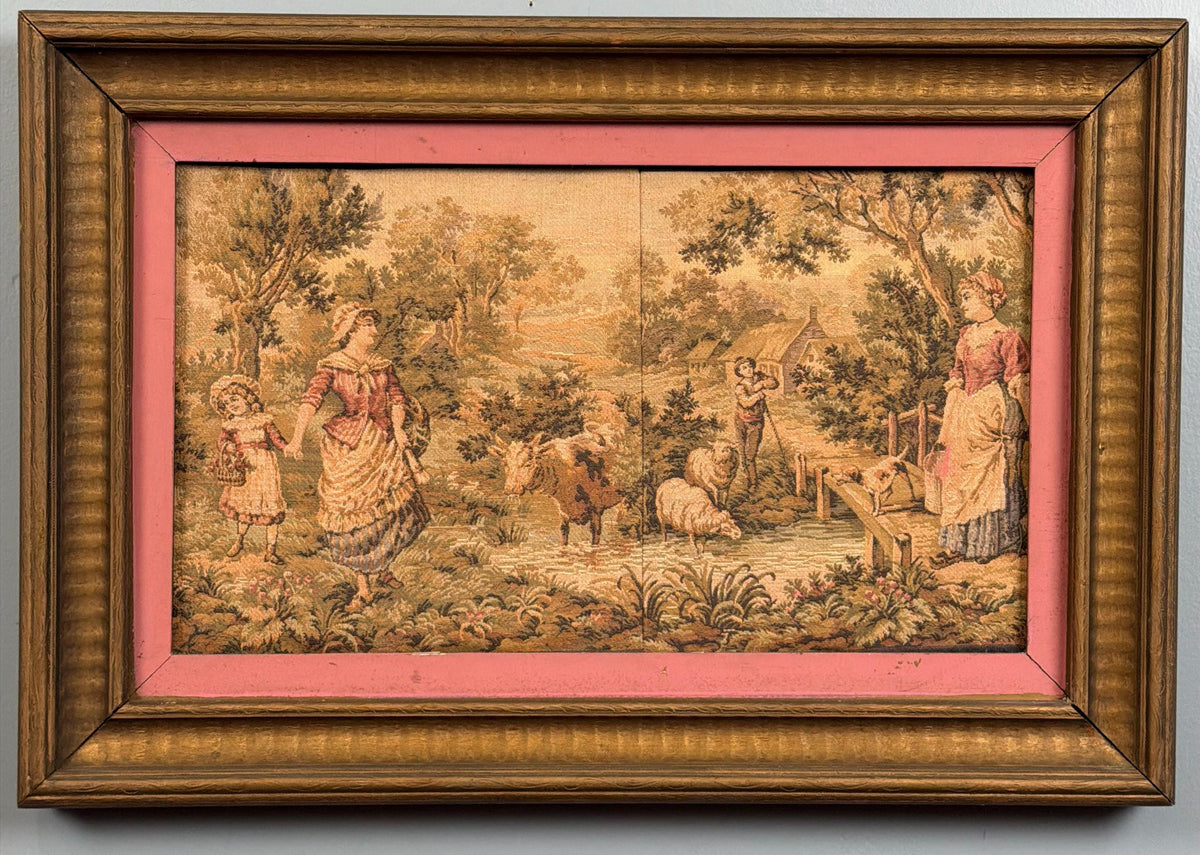 Vintage Framed Pastoral Tapestry Wall Art French Countryside Scene Shepherd Sheep Farm Cottage Decor