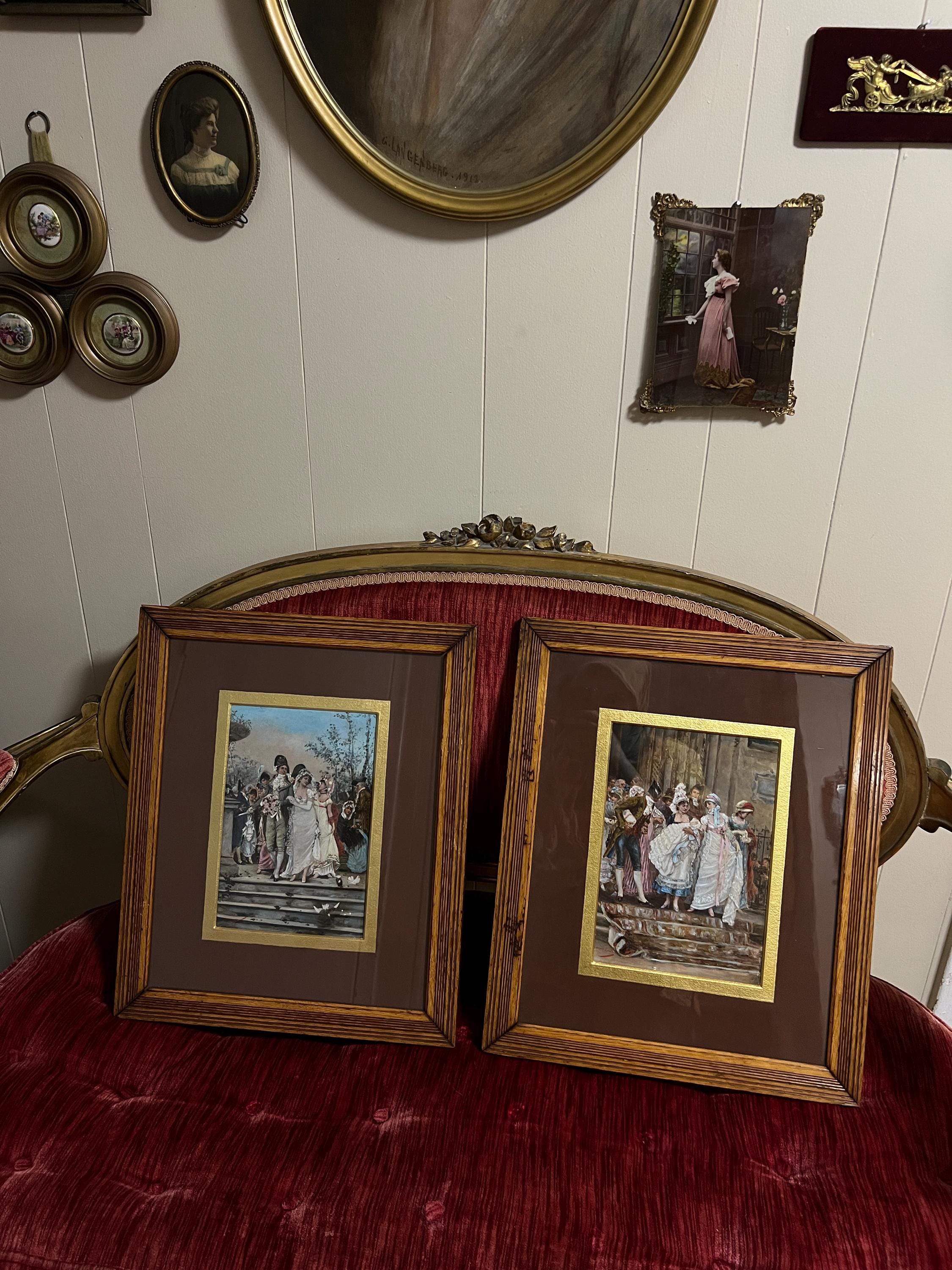 Antique French Style Prints Pair Elegant Wedding Celebration Scenes Gilded Mat Brown Frame Victorian Wall Art Home Decor Romantic Touch