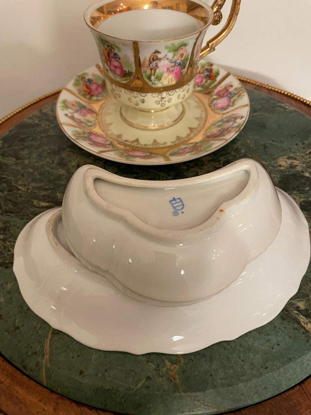Vintage German Porcelain Tea Snack Set Romantic Courting Scene Gold Trim Hand Painted Cup Tray Bowls Collectible Rococo Style Display Piece