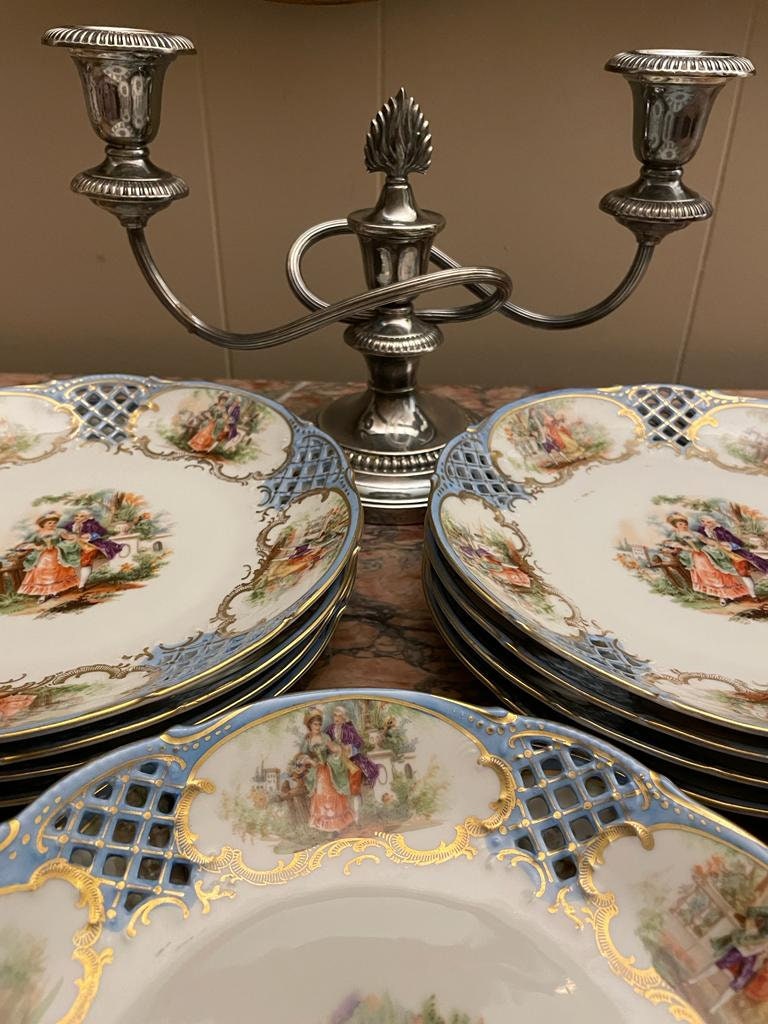 Schumann Arzberg Germany Decorative Plate Rococo Style Blue Reticulated Porcelain Courting Scene Gilded Wall Display Collectible Art