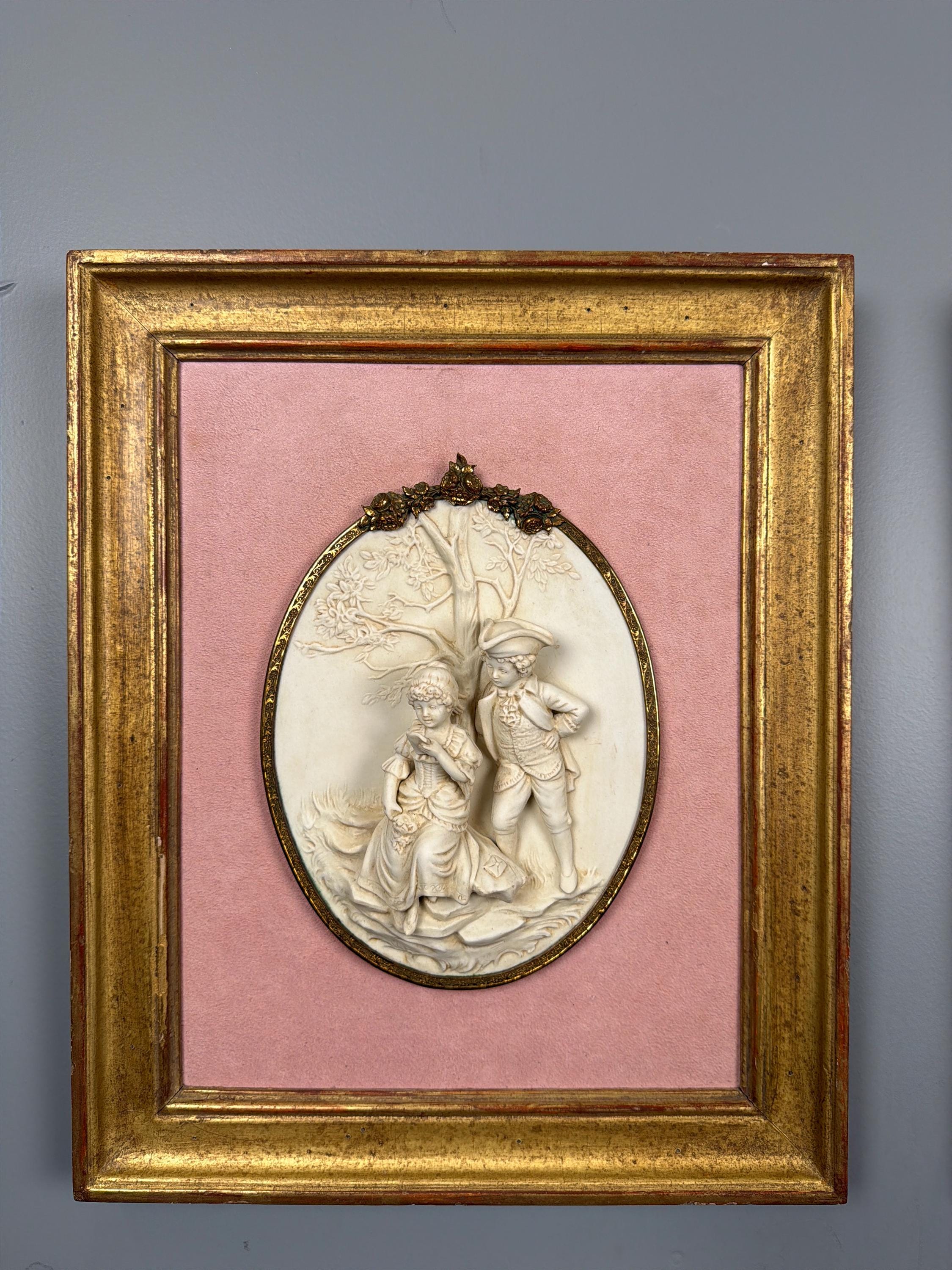Antique Bisque Porcelain Wall Plaques Pair, French Rococo Gilt Framed Romantic Scene Panels