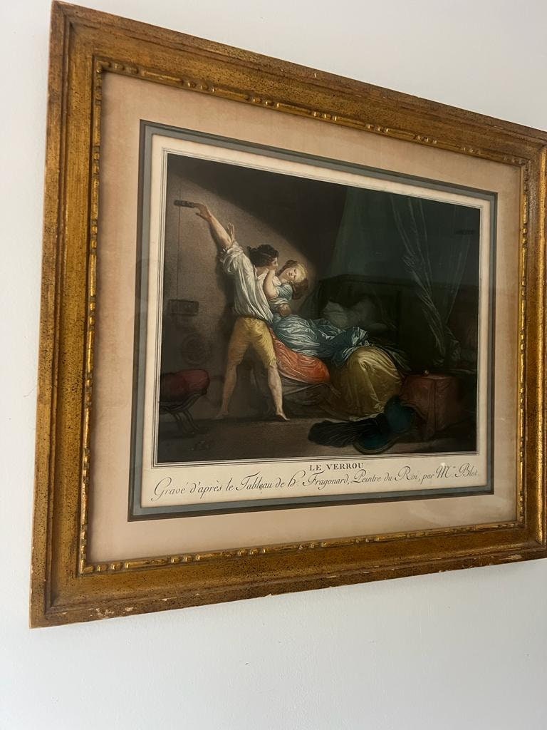 Antique French Le Verrou Fragonard Color Engraving Gilt Wood Framed Romantic Rococo Art Print Wall Decoration Elegant Parisian Style Piece