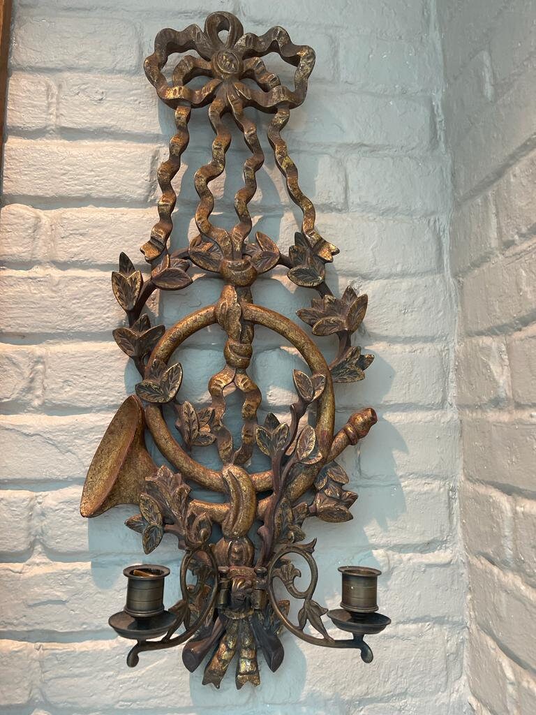 Pair of Early 20th Century Large Gilded Wood 2 Arm Wall Sconces From Italy