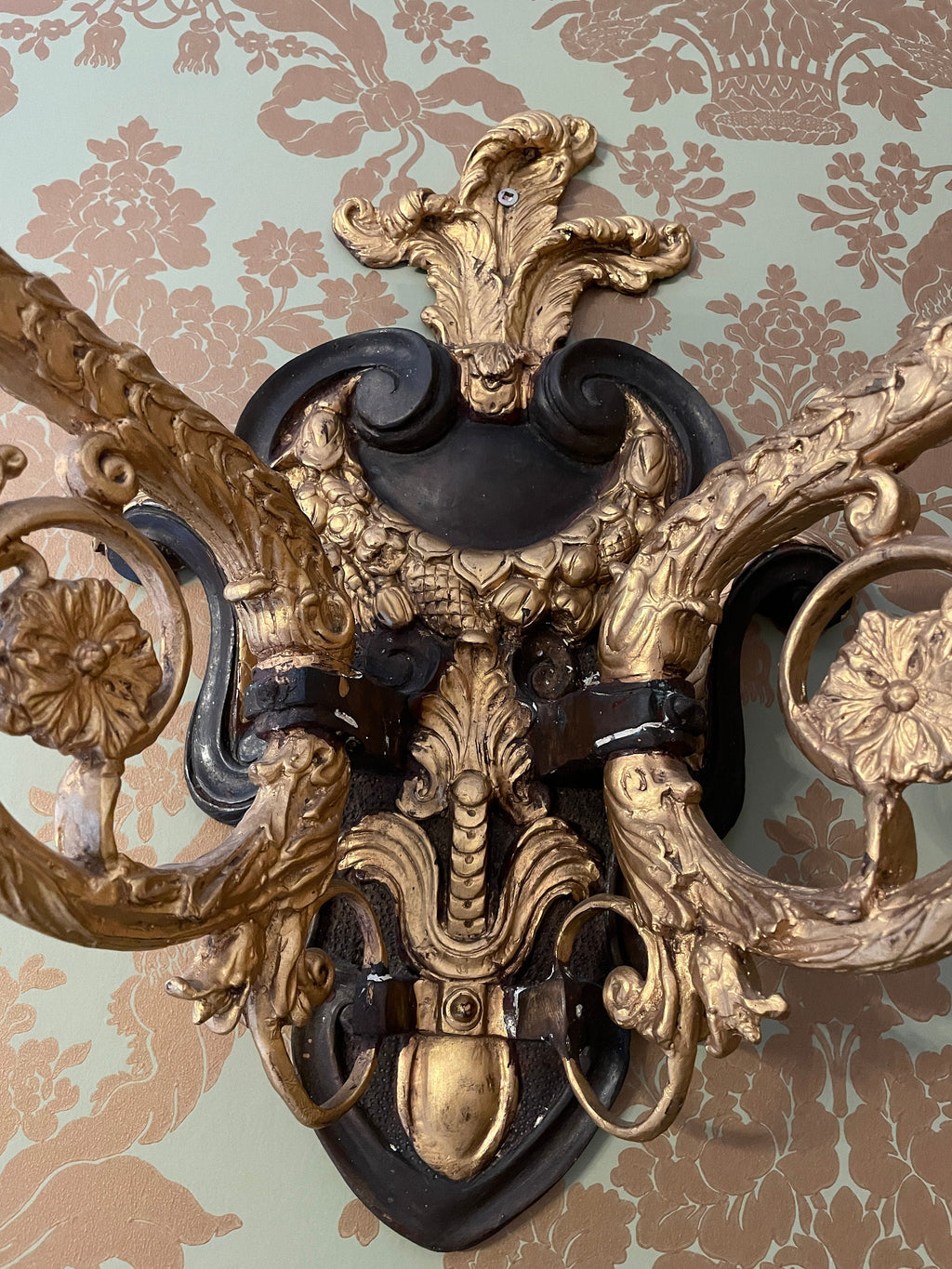 Pair of Vintage Heavy Gold Cast Iron Candlestick  Wall Sconces