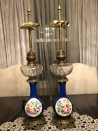 Pair Of Antique French Cobalt Blue Porcelain Table Lamps Hand Painted Floral Panels Ornate Brass Base Converted Electric Lighting Decor