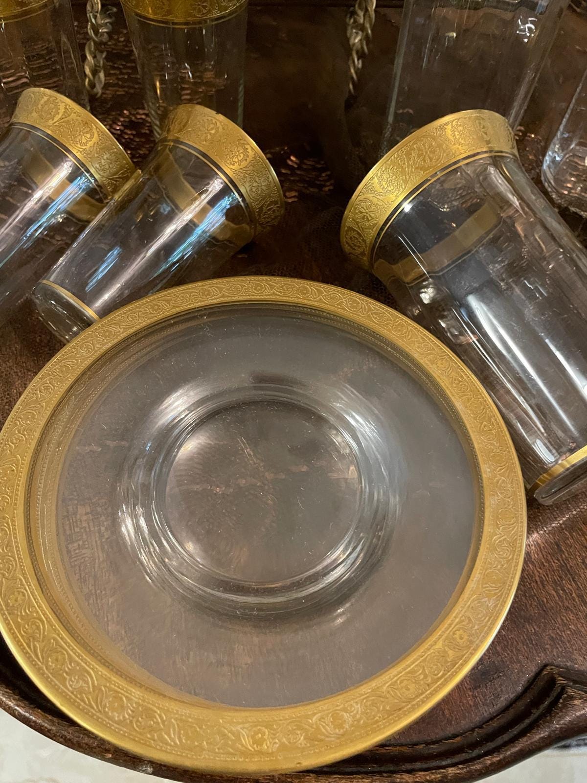 Vintage Gold Rimmed Glassware Set Crystal Dessert Plates Barware Tumblers Wine Glasses Cocktail Goblets Elegant Hollywood Regency Style
