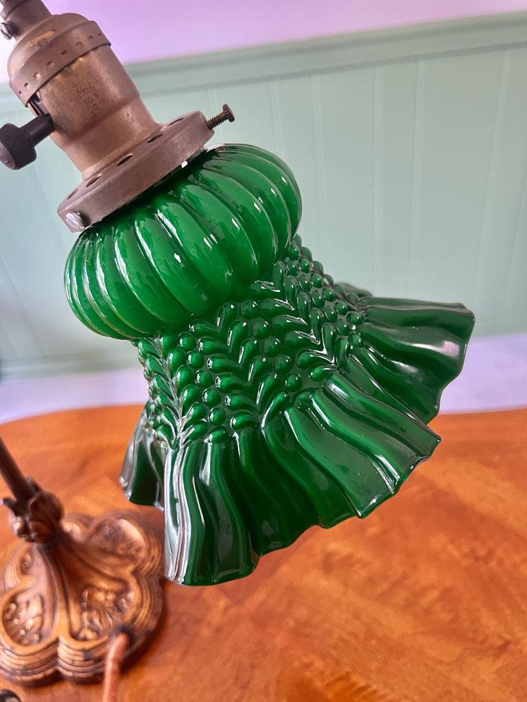 Antique Art Deco Green Ruffle Glass Shade Table Lamp Cast Iron Base French Style Desk Light Early 1900s Lighting Accent Victorian Decoration
