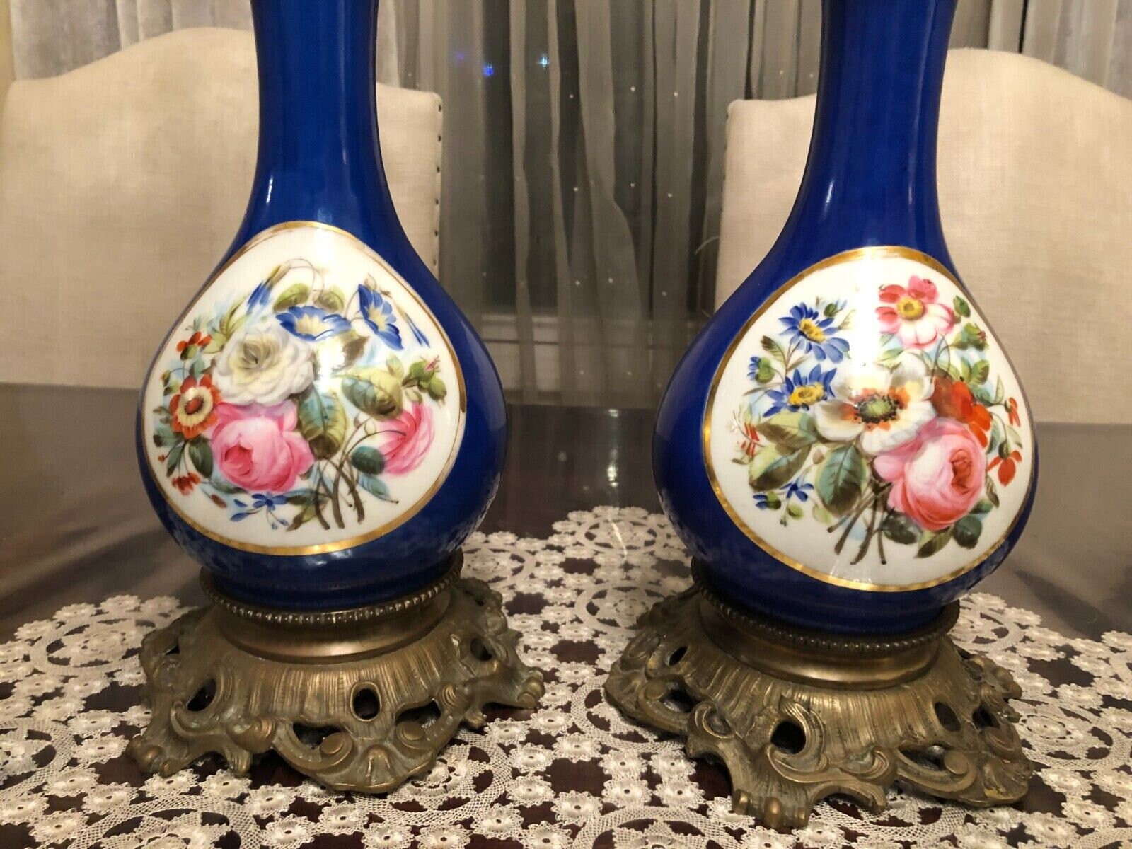 Pair Of Antique French Cobalt Blue Porcelain Table Lamps Hand Painted Floral Panels Ornate Brass Base Converted Electric Lighting Decor