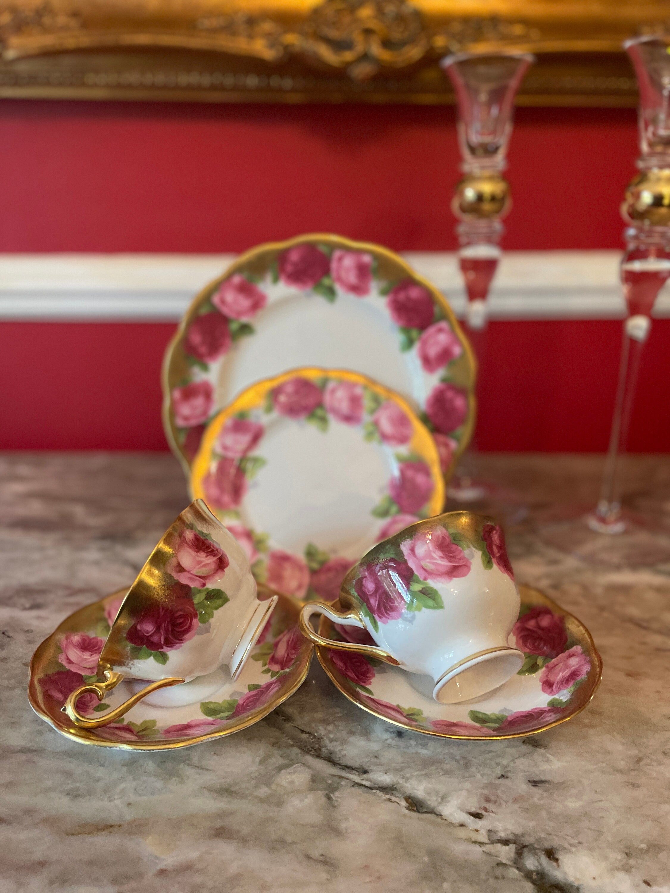 Vintage Set of 4 Royal Albert Gold Pink Floral Design Cups Saucers Dessert Plates.Made in England