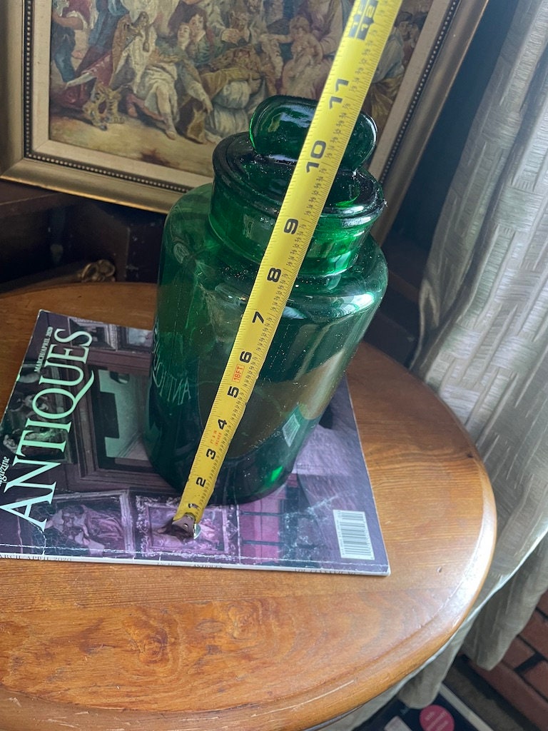Antique Green Glass Water Bottle With Lid.10"5"