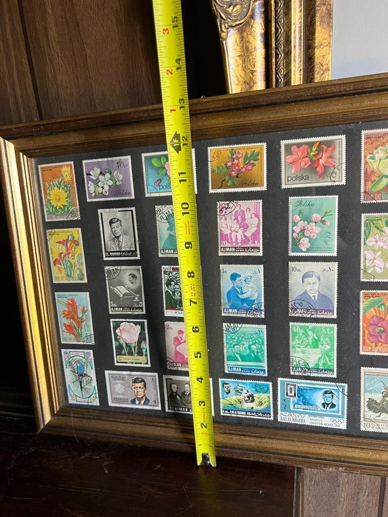 Framed Vintage International Postage Stamp Collection Floral Portraits Political Leaders Mid Century Wall Decor Gift Idea Collectible Art
