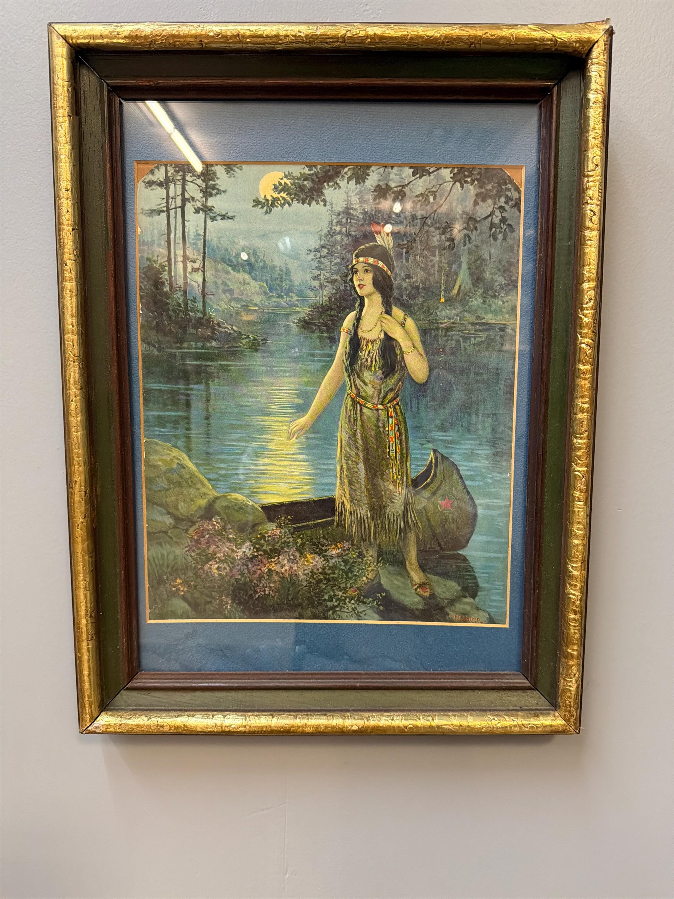 Vintage Gilt Wood Framed Native American Maiden Print, Moonlit Lake Canoe Scene, Antique Style Decorative Wall Art