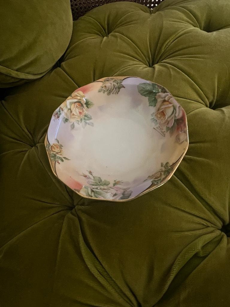 Vintage Hand Painted Porcelain Floral Bowl Pink Rose Design Scalloped Edge Gold Rim Cottagecore Home Decor Antique Style Collectible Dish