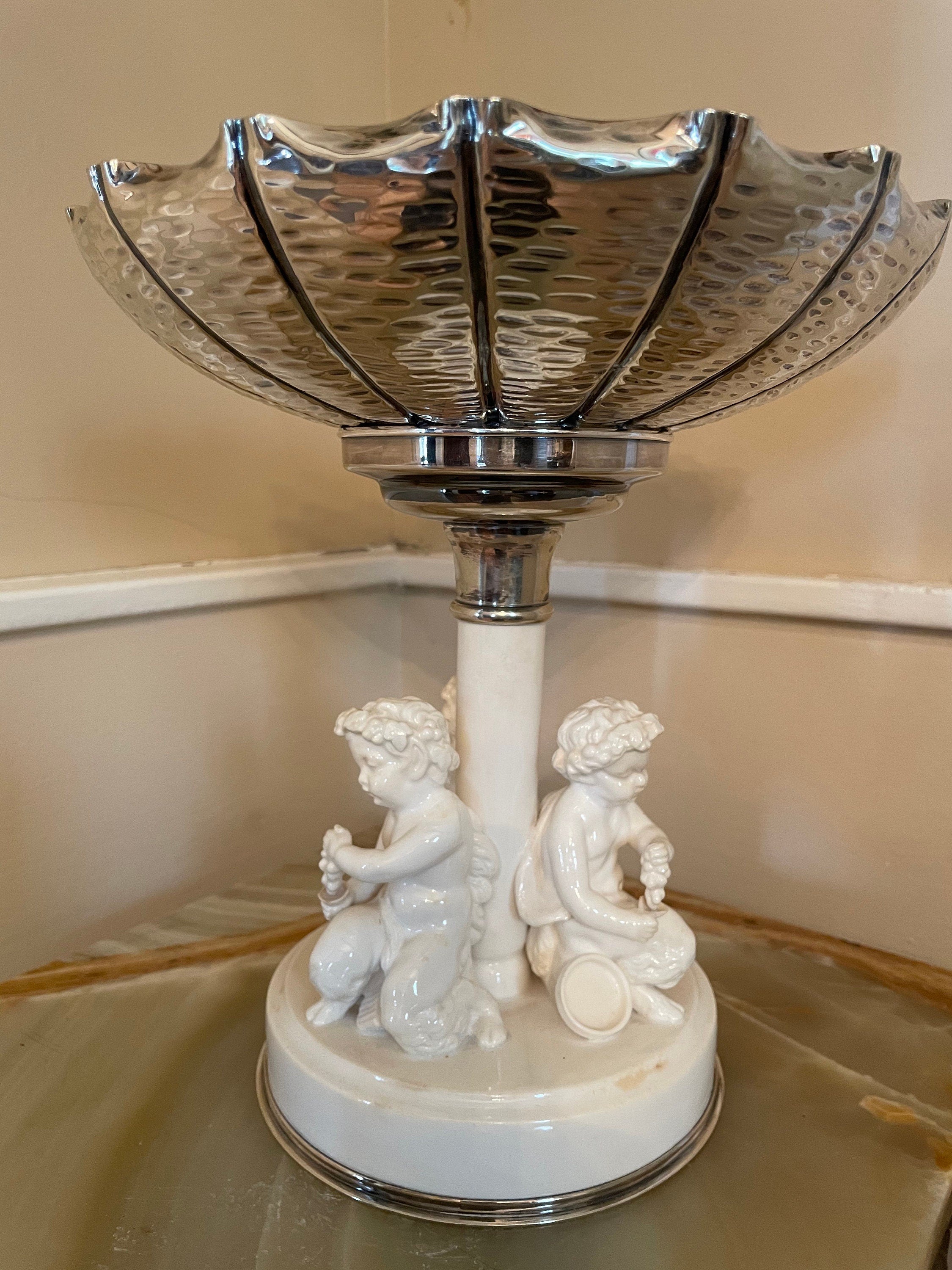 Vintage Decorative Compote Cherub Base Ornate Pedestal Bowl Hammered Metal Top Baroque Style Fruit Dish Romantic Rococo Accent Piece