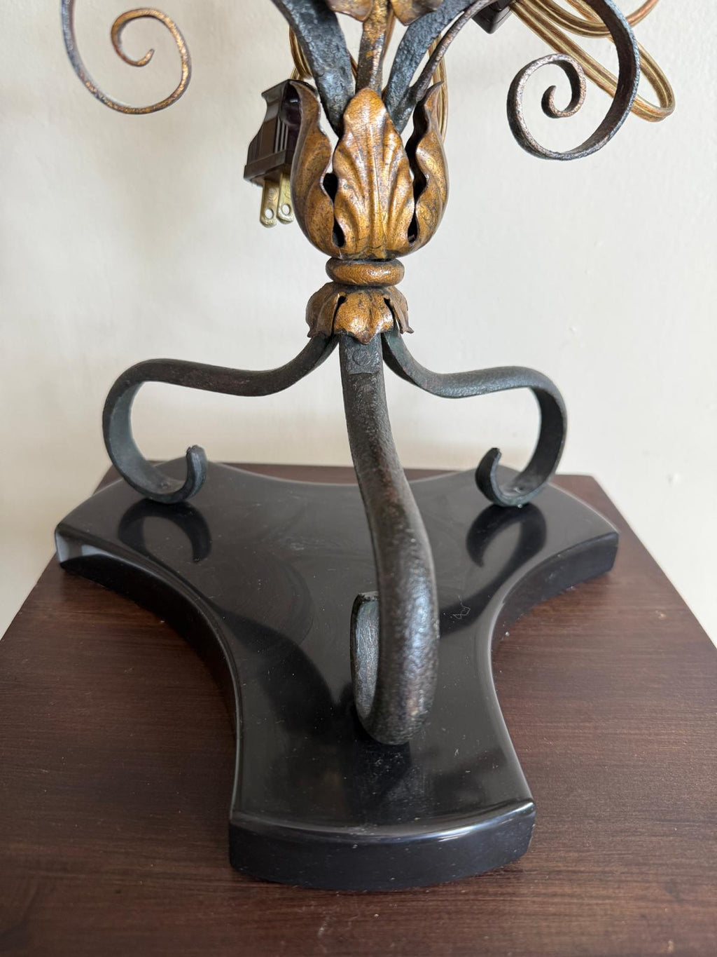 Vintage Wrought Gold Black Iron Electric Candelabra Floral Scroll Base Table Lamp Beige Burlap Shades 3 Lights Ornate Lamp & Shades Elegant