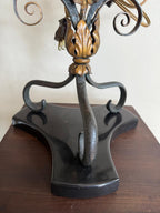 Vintage Wrought Gold Black Iron Electric Candelabra Floral Scroll Base Table Lamp Beige Burlap Shades 3 Lights Ornate Lamp & Shades Elegant