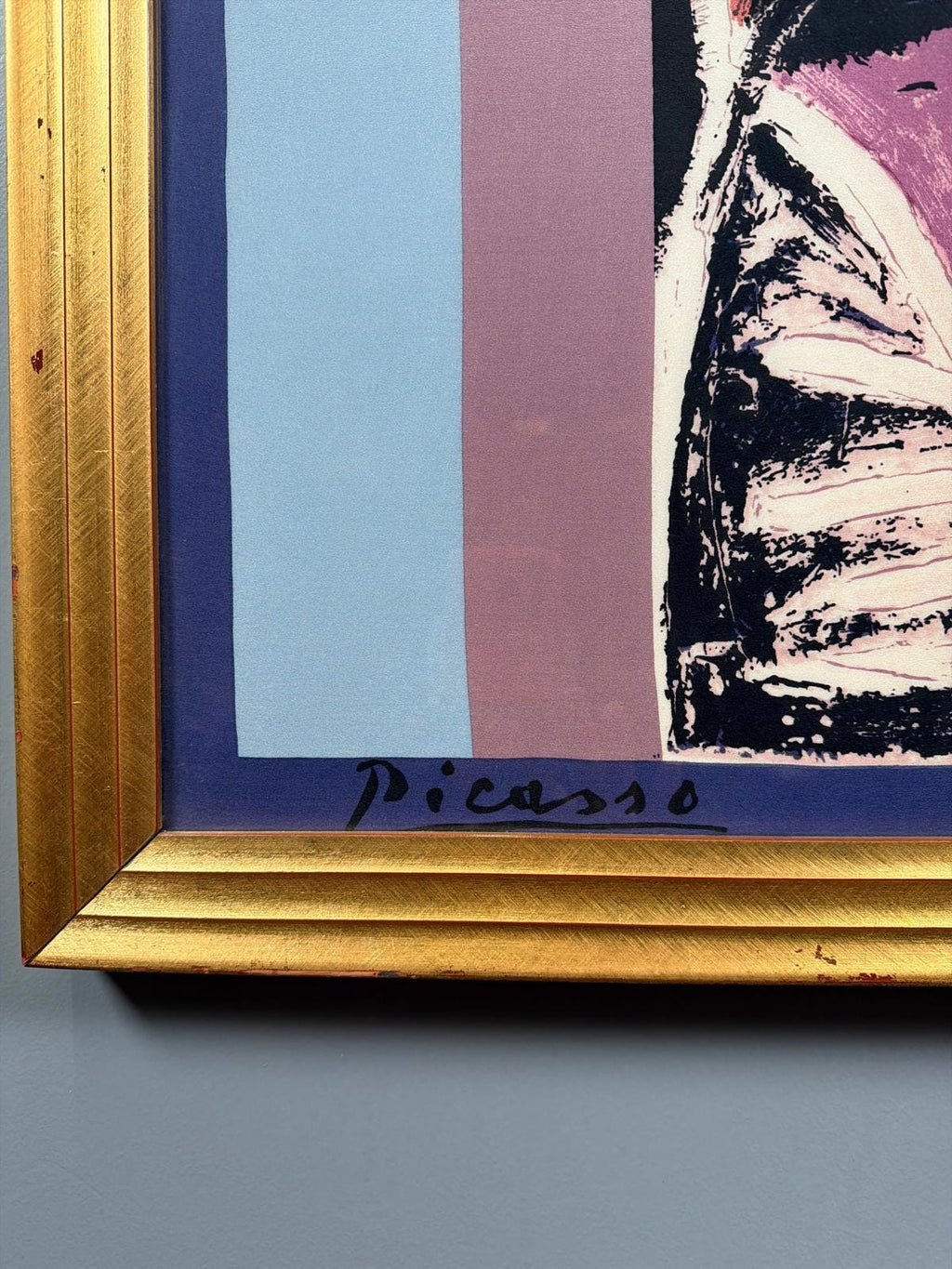 Cubist Silk Artwork Framed Under Glass – Signed Picasso Style Portrait in Gold Frame 36"36"