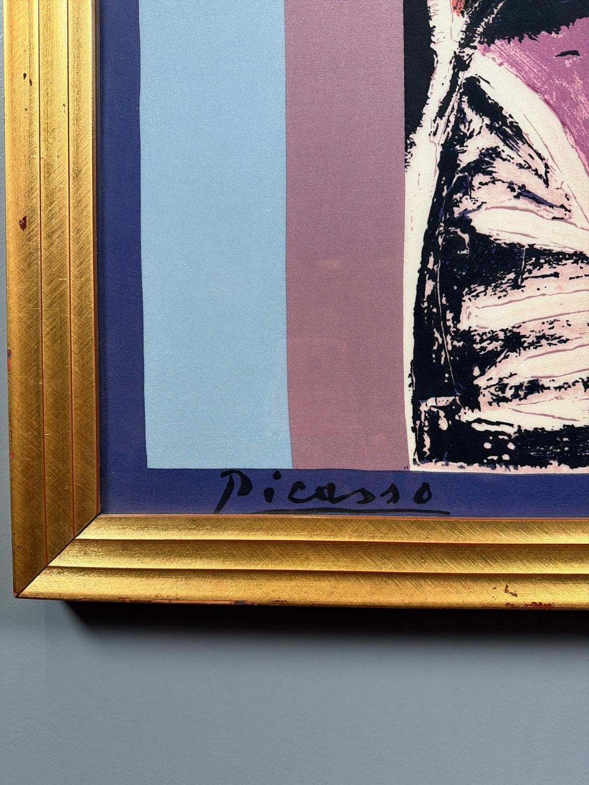 Cubist Silk Artwork Framed Under Glass – Signed Picasso Style Portrait in Gold Frame 36"36"