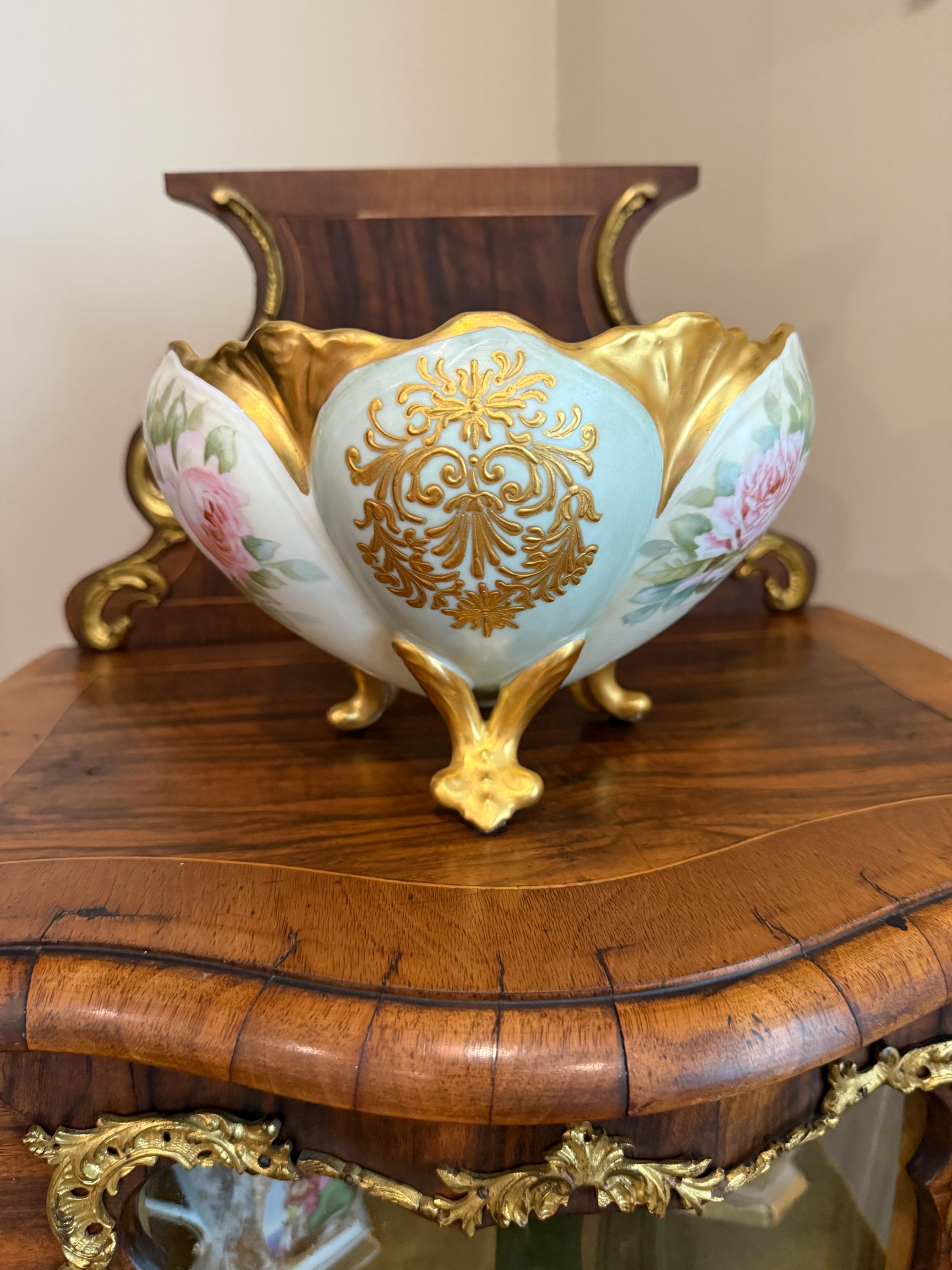 Hand-Painted French Porcelain Footed Bowl with Gold Accents, Vintage Decorative Centerpiece Fruit Bowl  Serving Dish Gold Pink Floral Dish