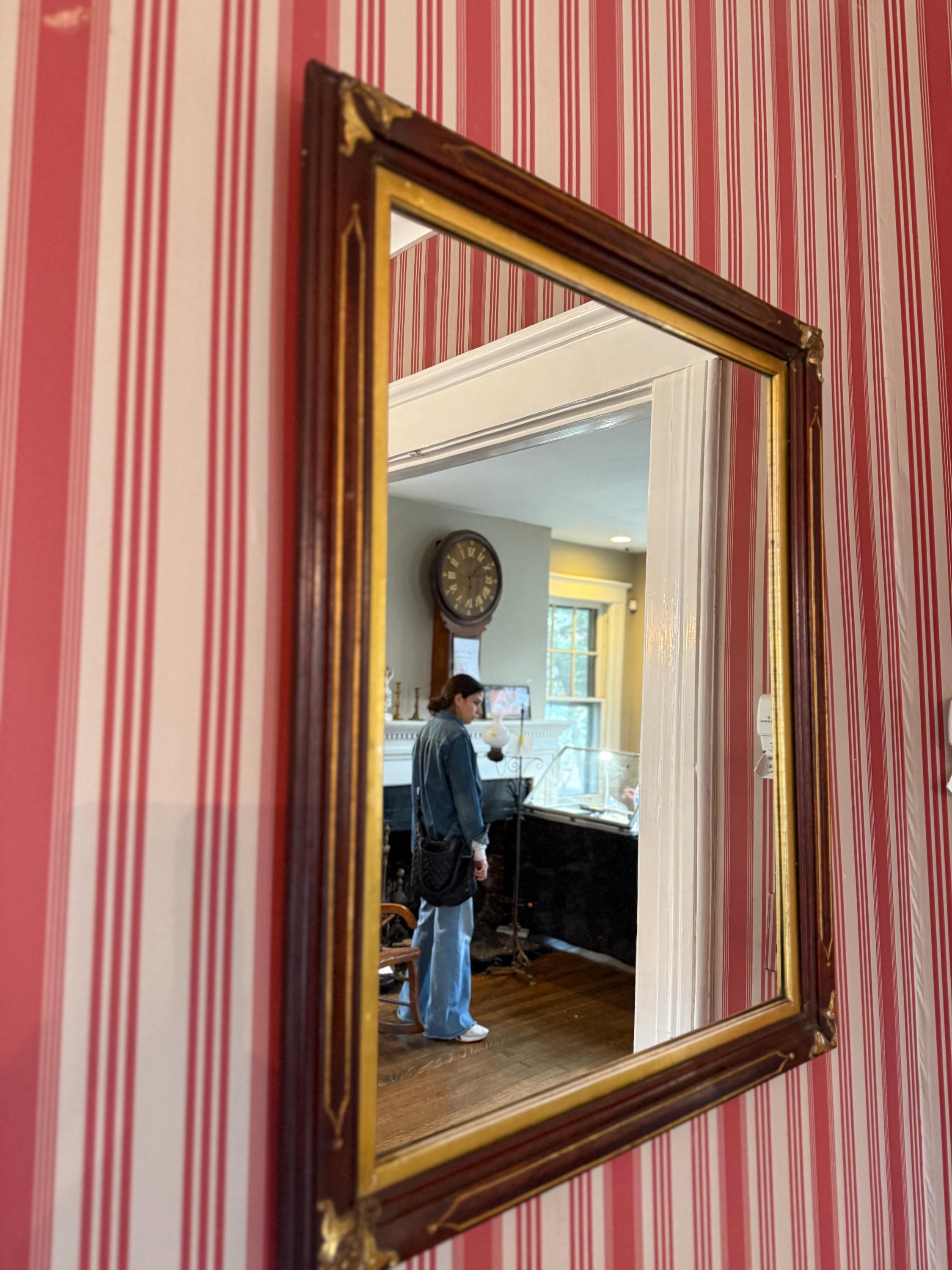 Antique Wooden Wall Mirror Rectangular Gilded Frame Vintage Neoclassical / Empire Style Ornate Gold Corner Accents Classic American Decor