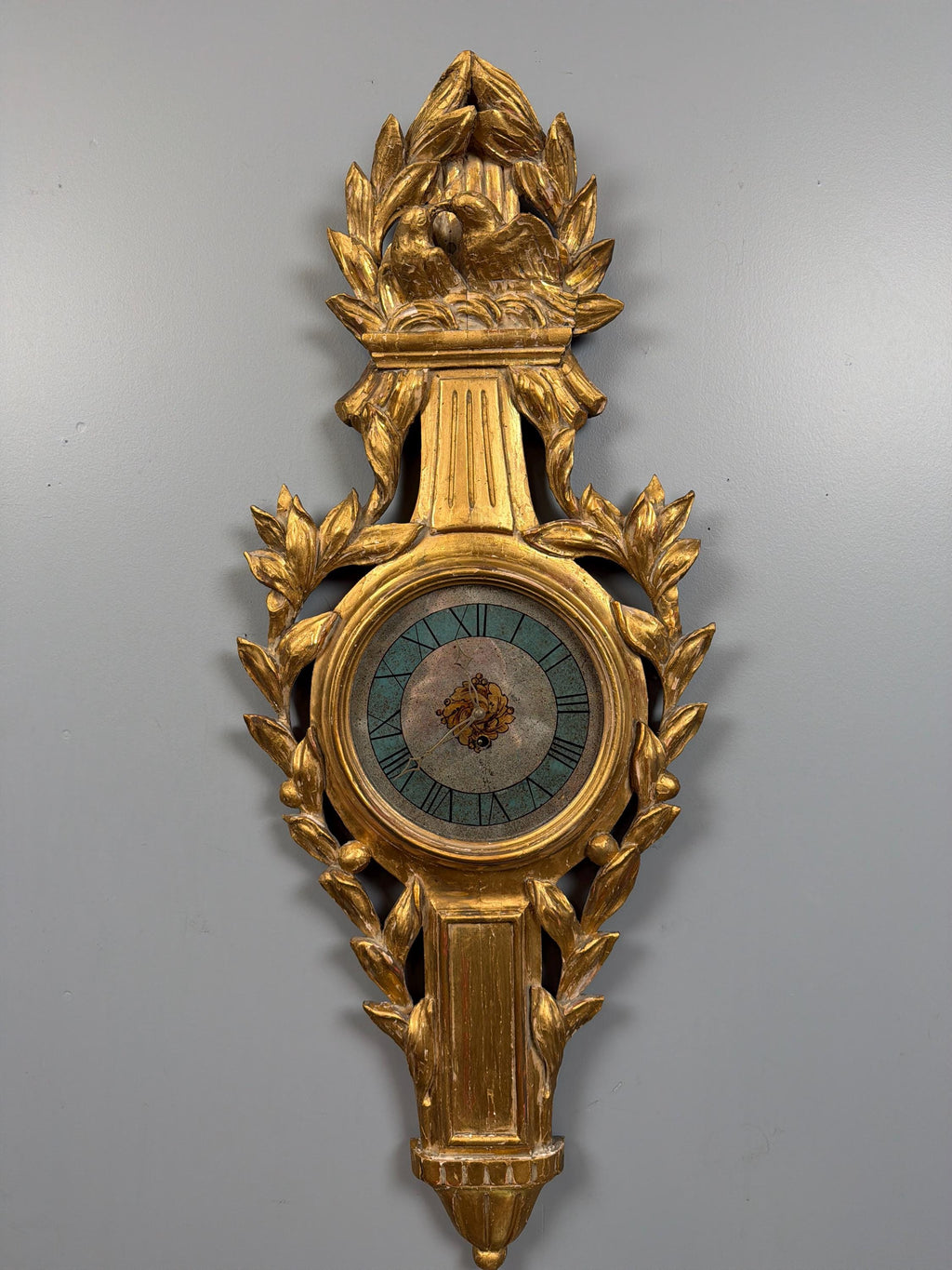 Antique French Giltwood Wall Clock, Carved Gold Leaf Lovebird Clock, Louis XVI Neoclassical Decor