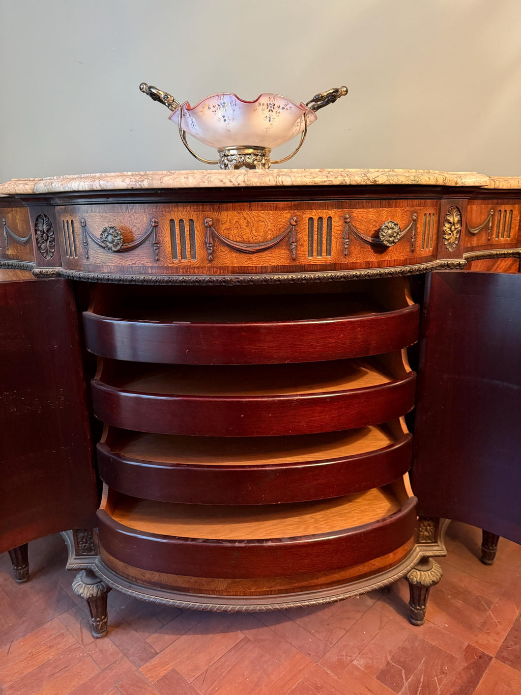 Antique French Marble Top Sideboard Hand Painted Panels Louis XV Style Painted Cabinet Elegant Drawers Luxurious Furniture Console Buffet