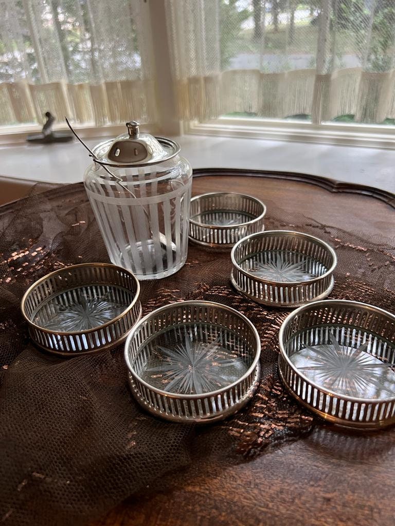 Vintage Silver Rim Glass Coasters Set Of Five Plus Etched Glass Sugar Jar With Lid Spoon Elegant Barware Tea Party Table Decoration Unique