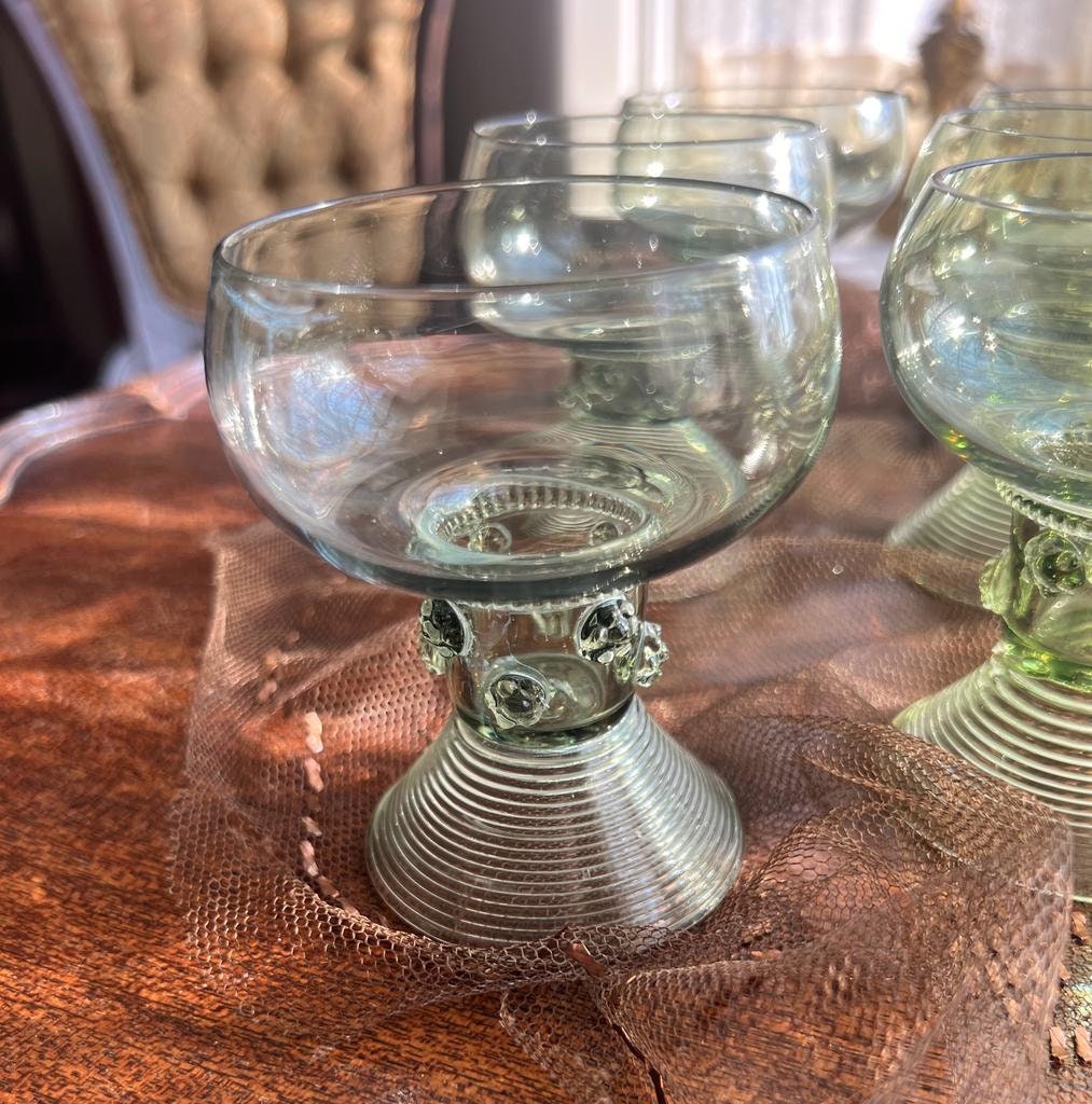 Vintage Hand Blown Green Glass Goblets Textured Stemmed Dessert Cups Set Elegant Tableware Artisanal Glassware Mid Century Dining Decor