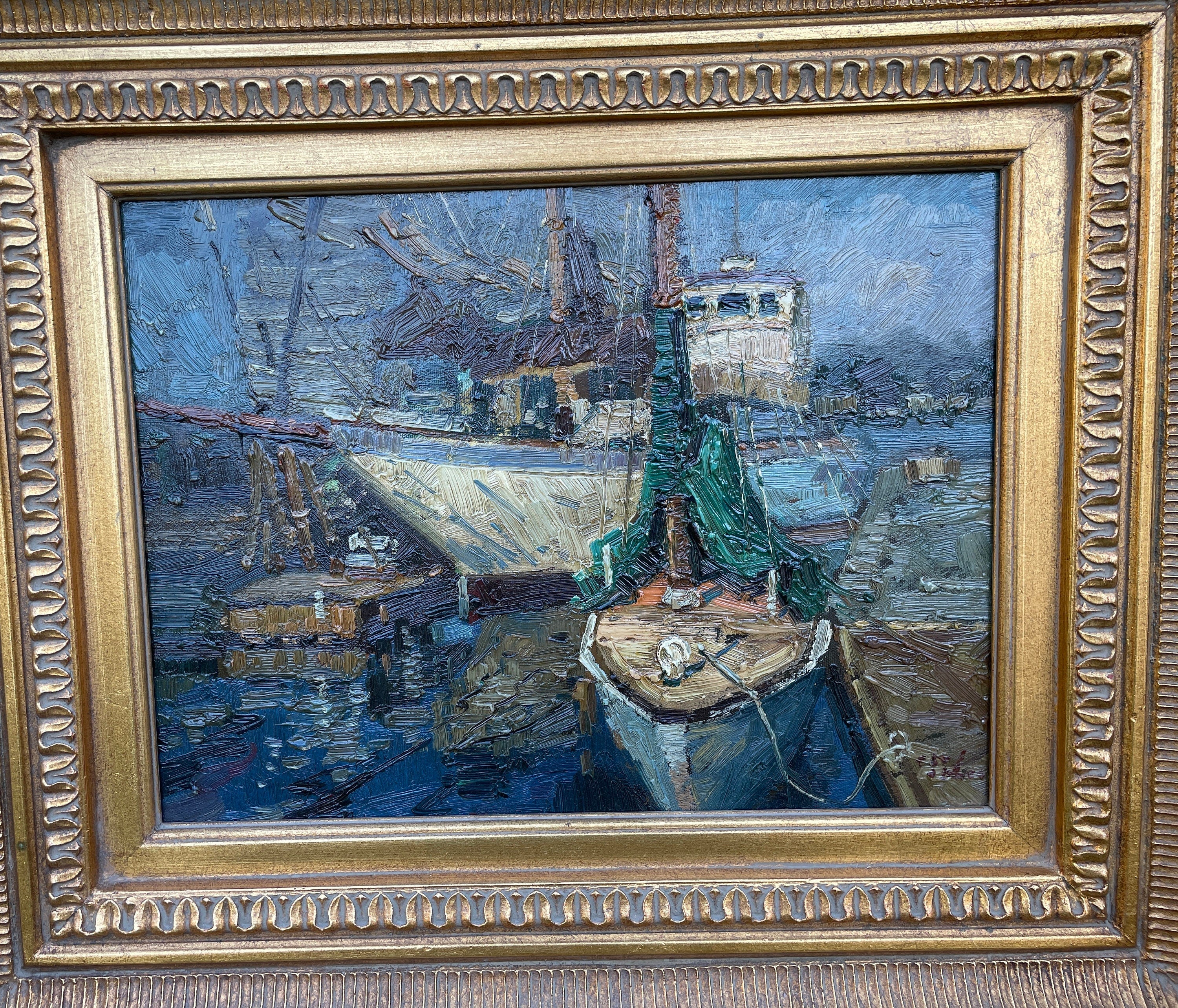 Original Oil Painting Boats Harbor Scene Nautical Marine Seascape Artwork Framed Impressionist Style Signed Vintage Coastal Decoration