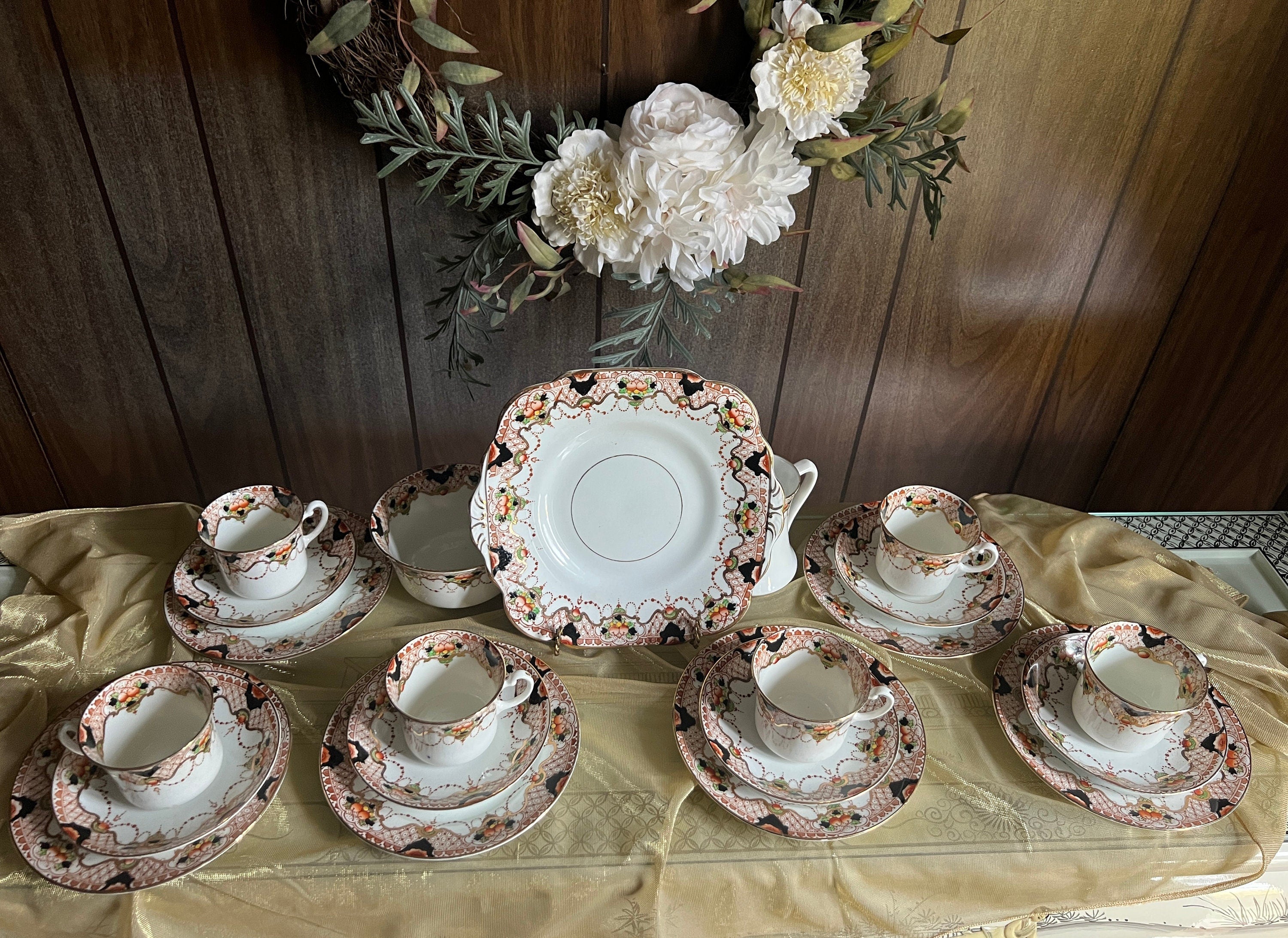 Vintage Royal Crown Derby Imari Style Porcelain Tea Set Hand Painted Floral Pattern Gold Trimmed Cups Plates Bowls Pitcher Elegant Decor