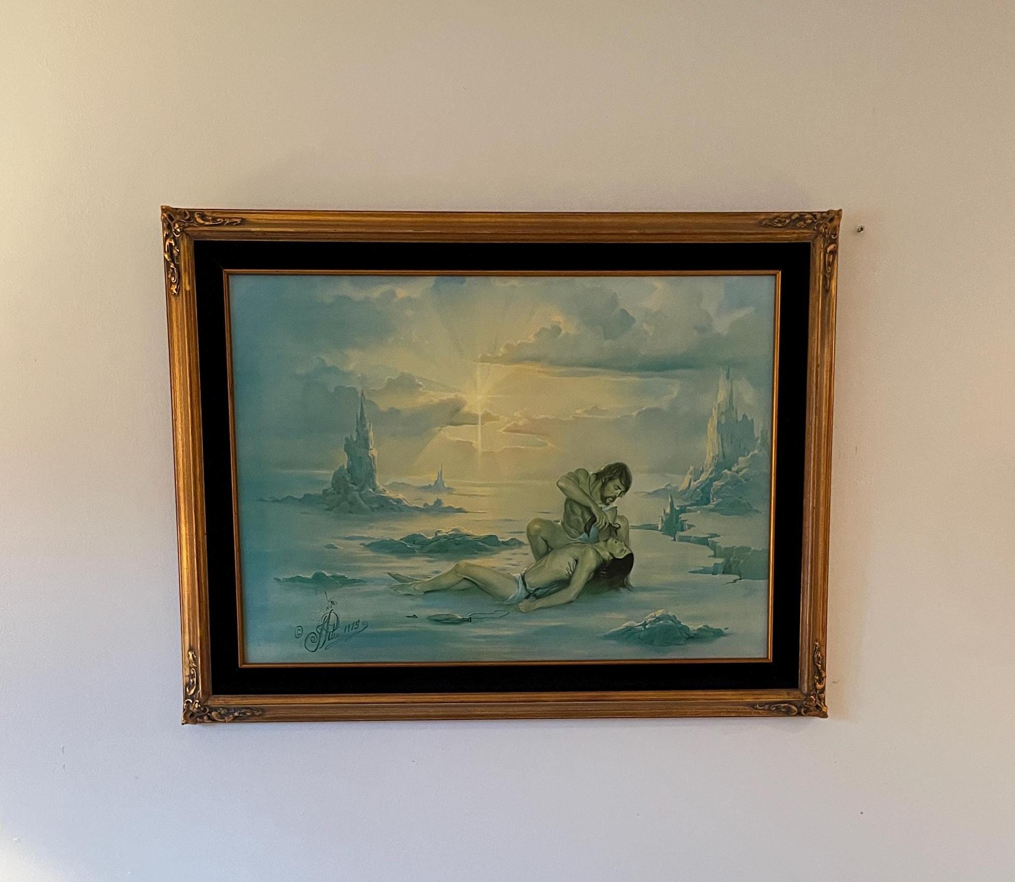 Vintage Signed Romantic Fantasy Landscape Painting Ornate Gold Frame Mystical Wall Art Collectible Mid-Century Home Decor Artwork Home Decor