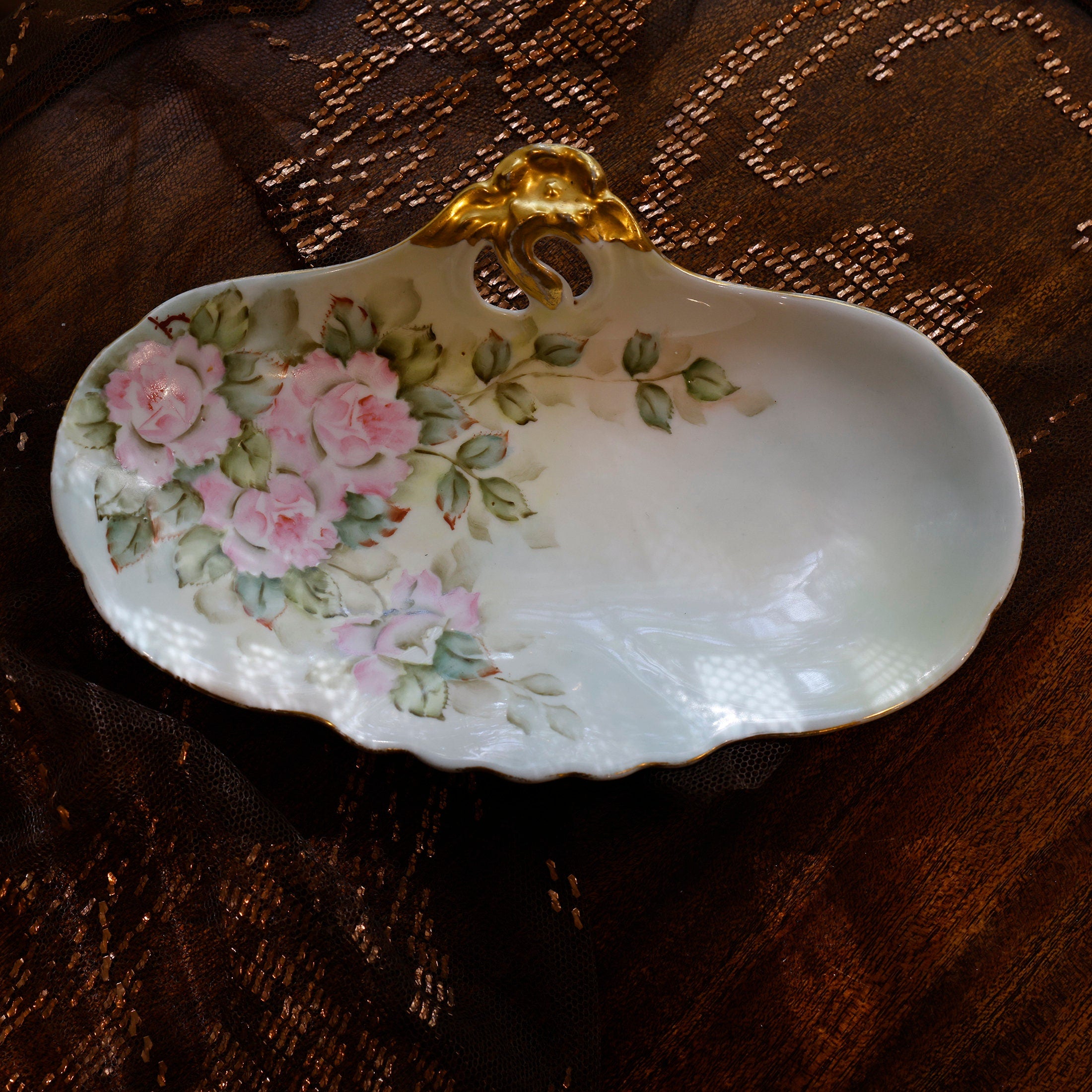 Antique Porcelain Tray Hand Painted Pink Roses Gilded Handle Oval Vanity Dish Art Nouveau Decorative Plate Floral Display Collectible