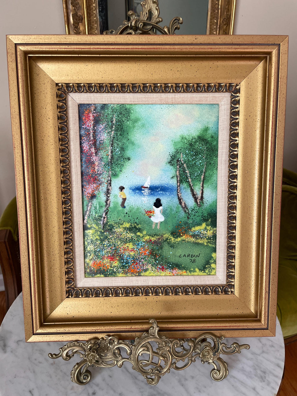 Louis Cardin Signed Original 1978 Artwork Framed Impressionist Painting Enamel Nature Scene Collectible Wall Art Certified Vintage Frame Art