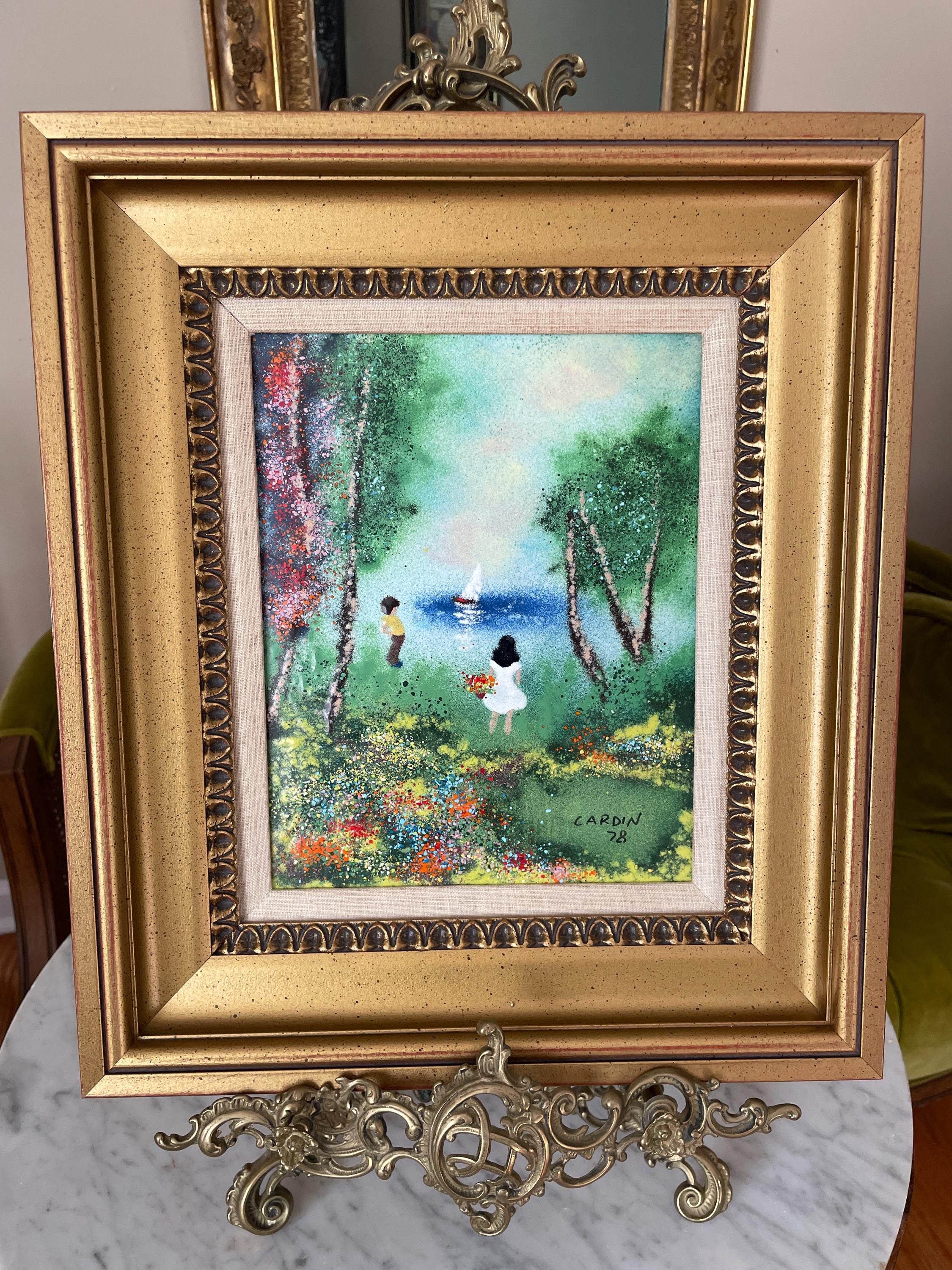 Louis Cardin Signed Original 1978 Artwork Framed Impressionist Painting Enamel Nature Scene Collectible Wall Art Certified Vintage Frame Art