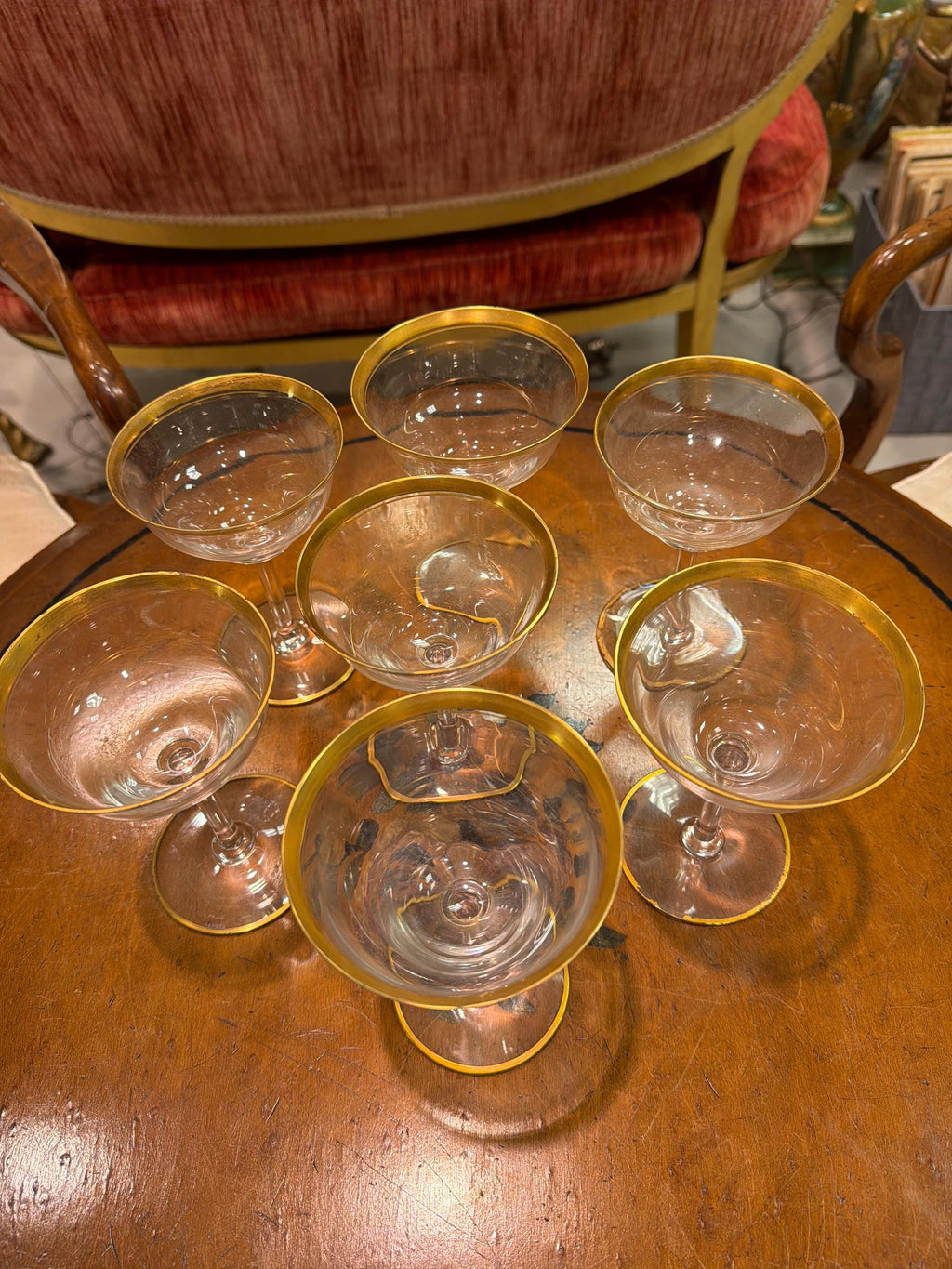 Vintage Gold Rim Coupe Glasses Set of 7 Clear Champagne Cocktail Glasses Elegant Barware