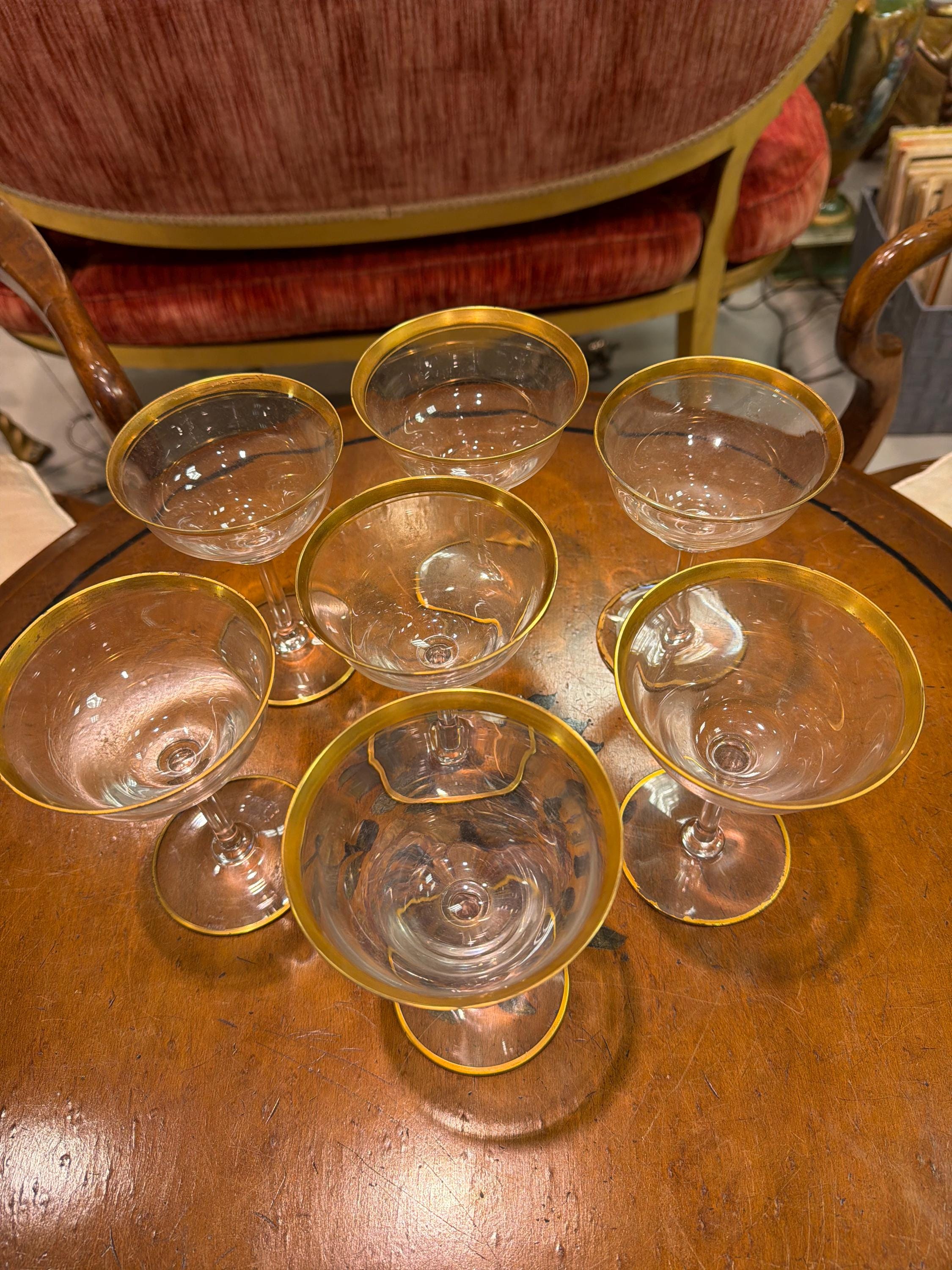 Vintage Gold Rim Coupe Glasses Set of 7 Clear Champagne Cocktail Glasses Elegant Barware