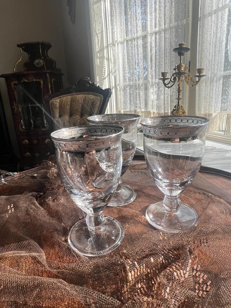 Vintage Silver Rimmed Water Goblets Set Elegant Clear Glass Footed Cups Classic Mid Century Barware Wedding Dinner Display Collection