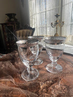 Vintage Silver Rimmed Water Goblets Set Elegant Clear Glass Footed Cups Classic Mid Century Barware Wedding Dinner Display Collection