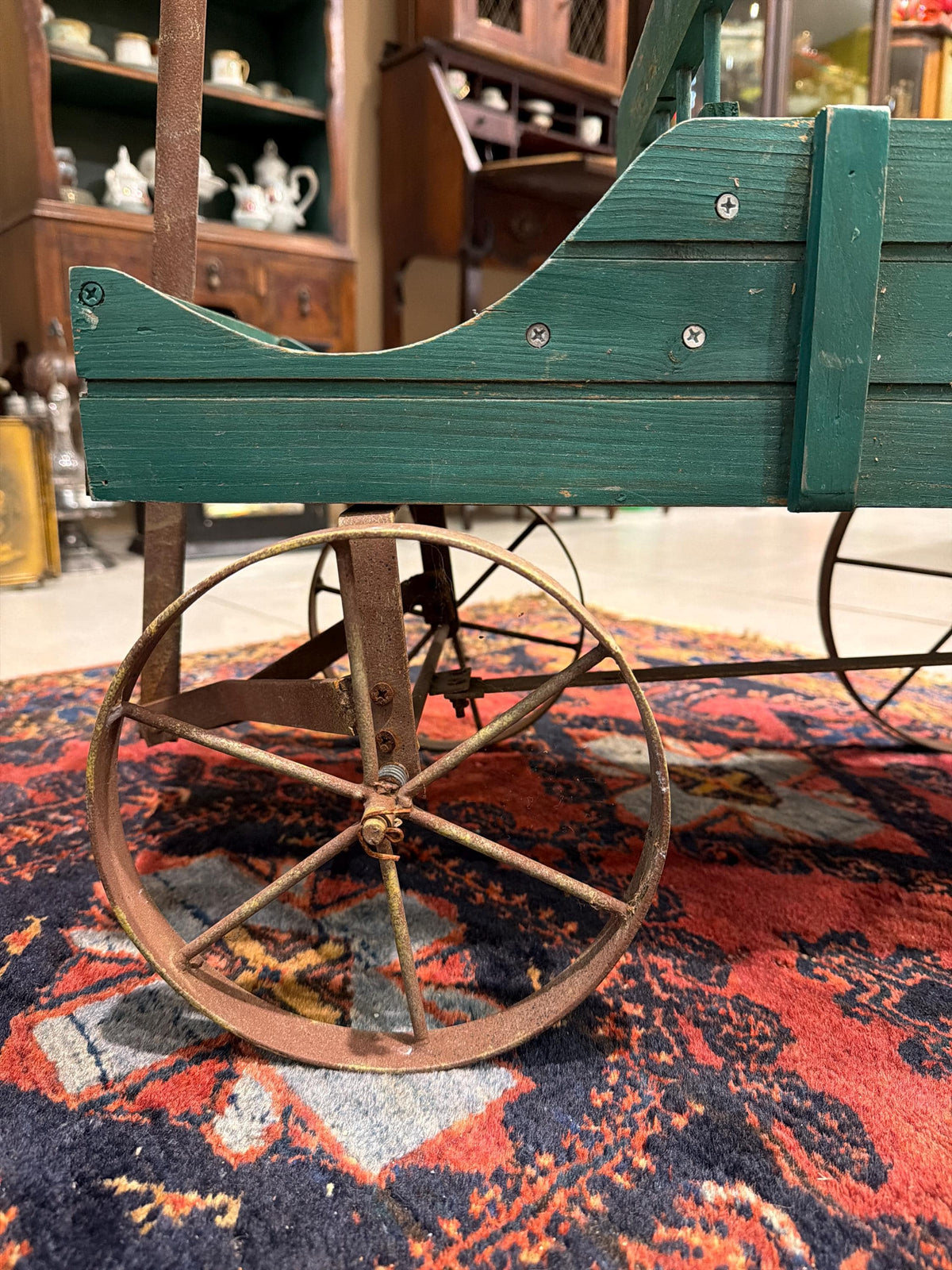 Antique Wooden Wagon Green Child Pull Wagon Primitive Farm Cart Rustic Farmhouse Decor Outdoor Planter
