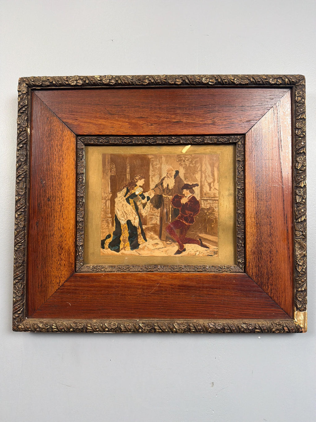 Antique Victorian Oak Frame with Romantic Scene Print, Ornate Gesso Trim, 19th Century Style Wall Art