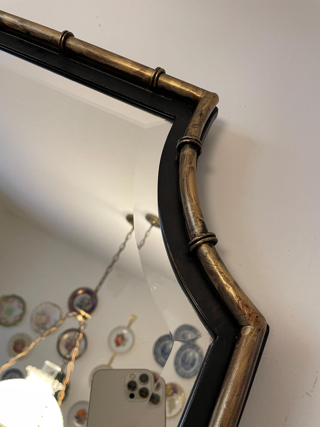Pair of Horchow Black & Gold Metal Bamboo Design Chinoiserie Wall Hanging Home Decoration Beveled Mirrors Luxurious Home Decoration Mirror
