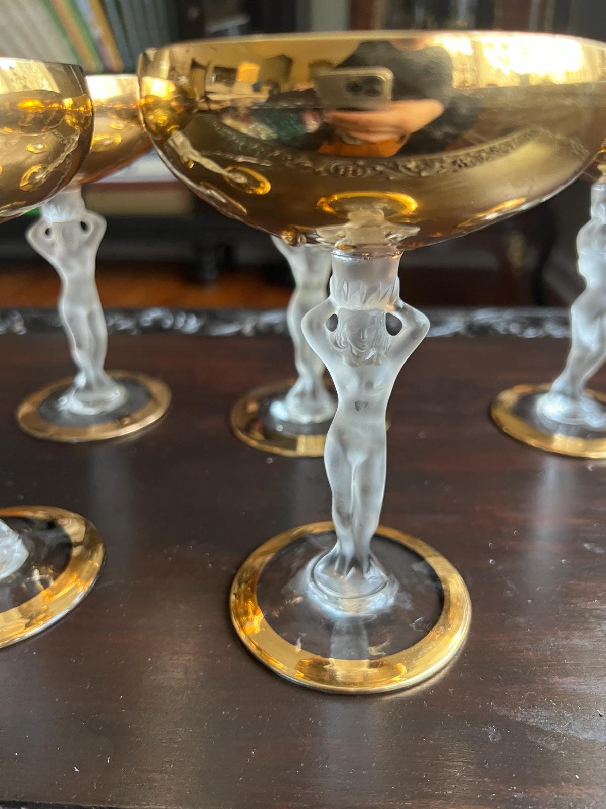 Art Deco Style Vintage Coupe Glasses Set Featuring Frosted Nude Female Stems Gold Bowls Crystal Detail Perfect Display Barware Home Decor