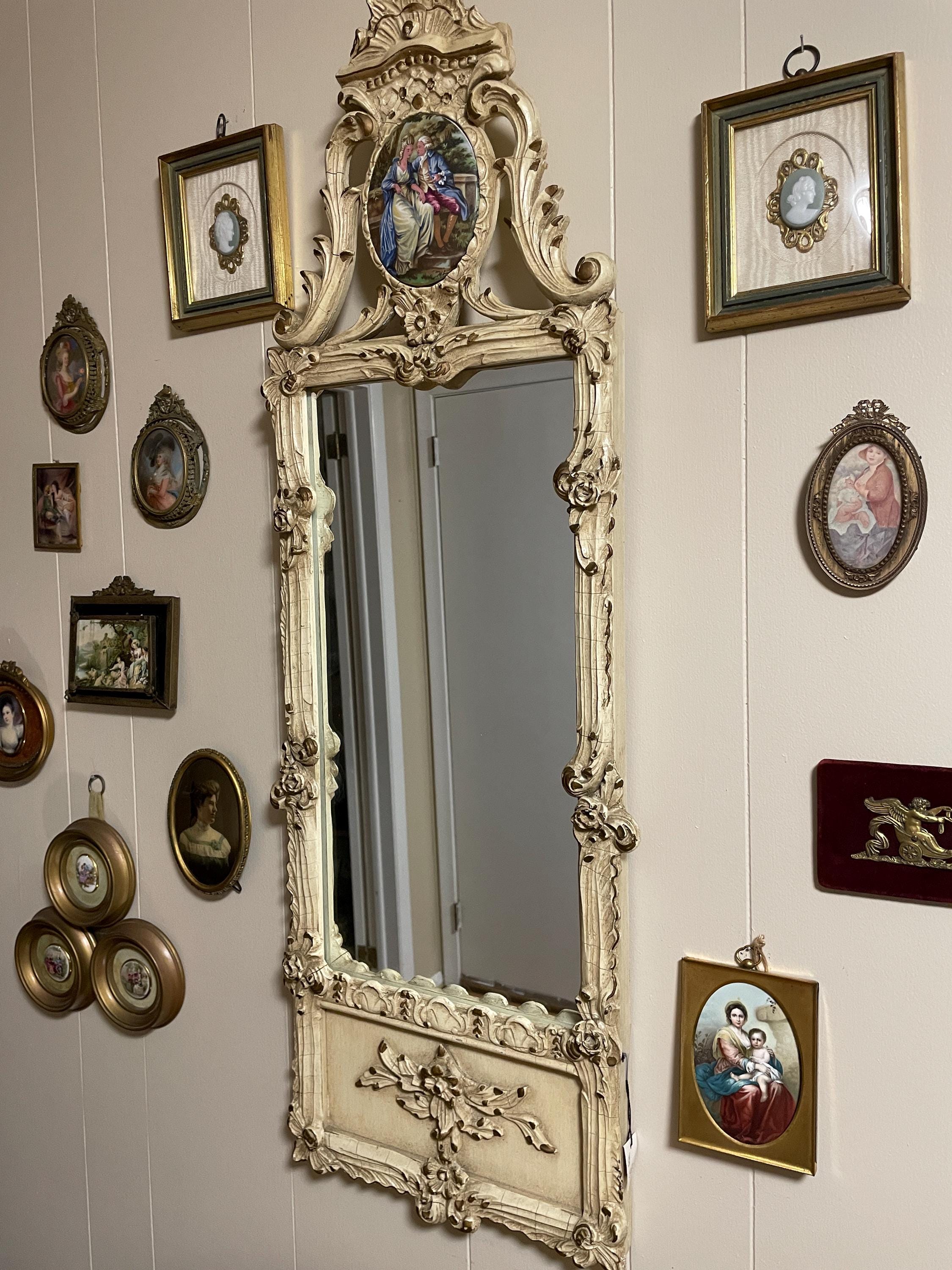 Antique French Rococo Mirror Large Hand Painted Porcelain Plaque Gilt Carved Wood Frame Ornate Wall Mirror Vintage French Home Decor