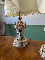 Baroque Porcelain Table Lamps Pair Ornate Cherub Motif Black White Gold Embellished Romantic Rococo Style Sculptural Lighting Decoration