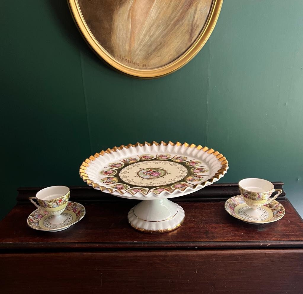 Vintage Set of 4 Fragonard Design Gold Gilded Porcelain Cake Stand  Cups Saucers  & Candy Dish