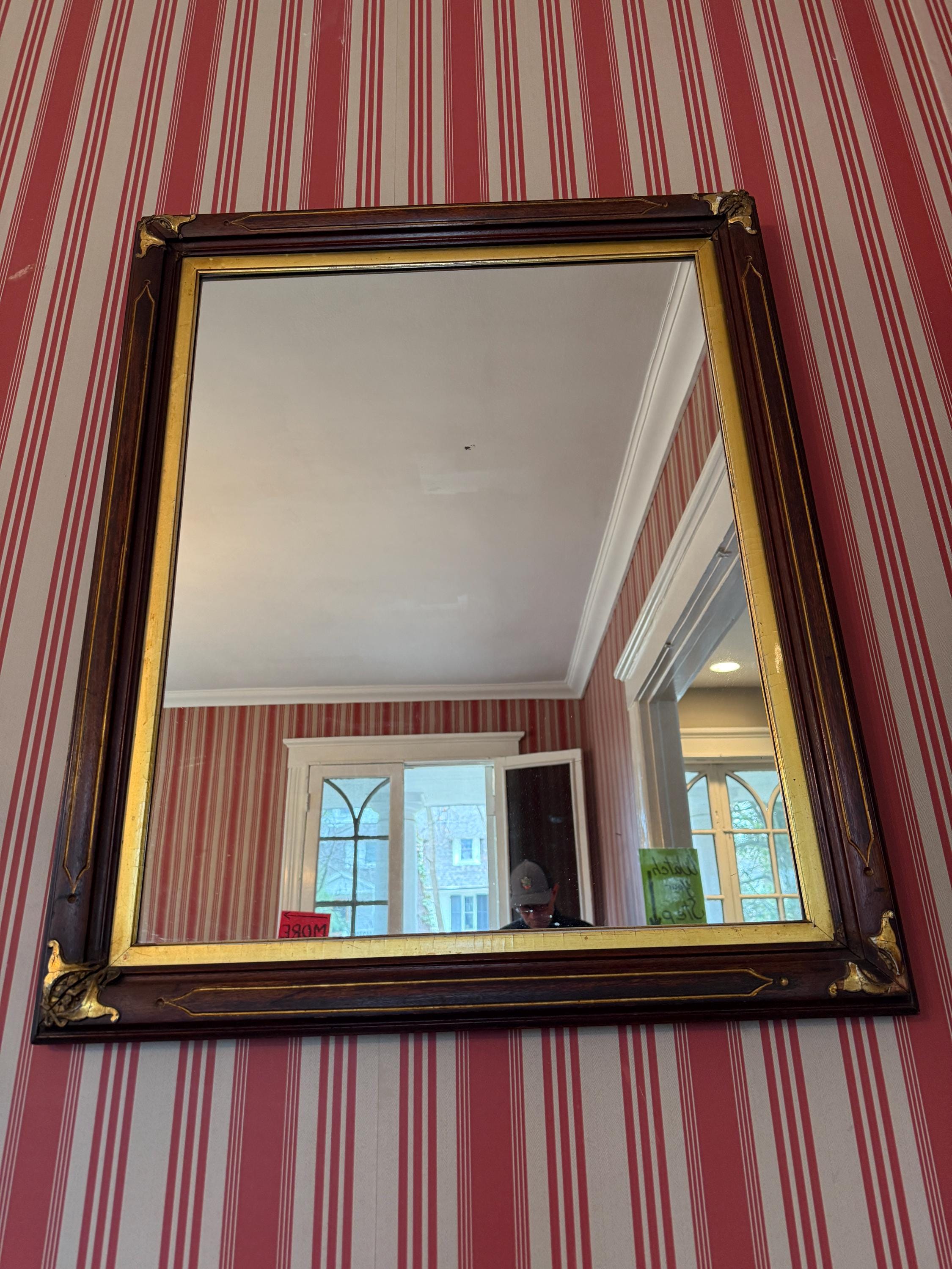 Antique Wooden Wall Mirror Rectangular Gilded Frame Vintage Neoclassical / Empire Style Ornate Gold Corner Accents Classic American Decor
