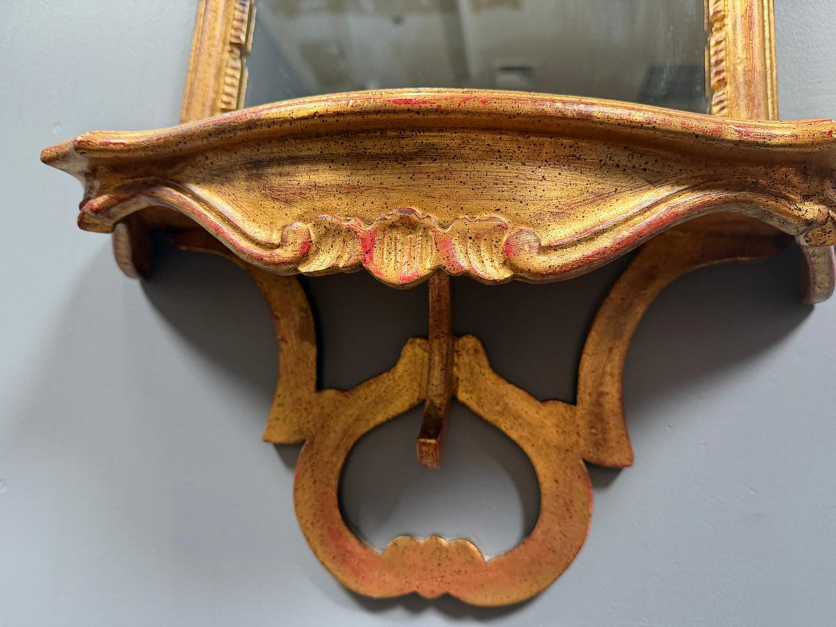 Vintage Italian Narrow Gilt Wall Mirror with Shelf, Ornate Gold Florentine Style Narrow Entryway Hall Mirror